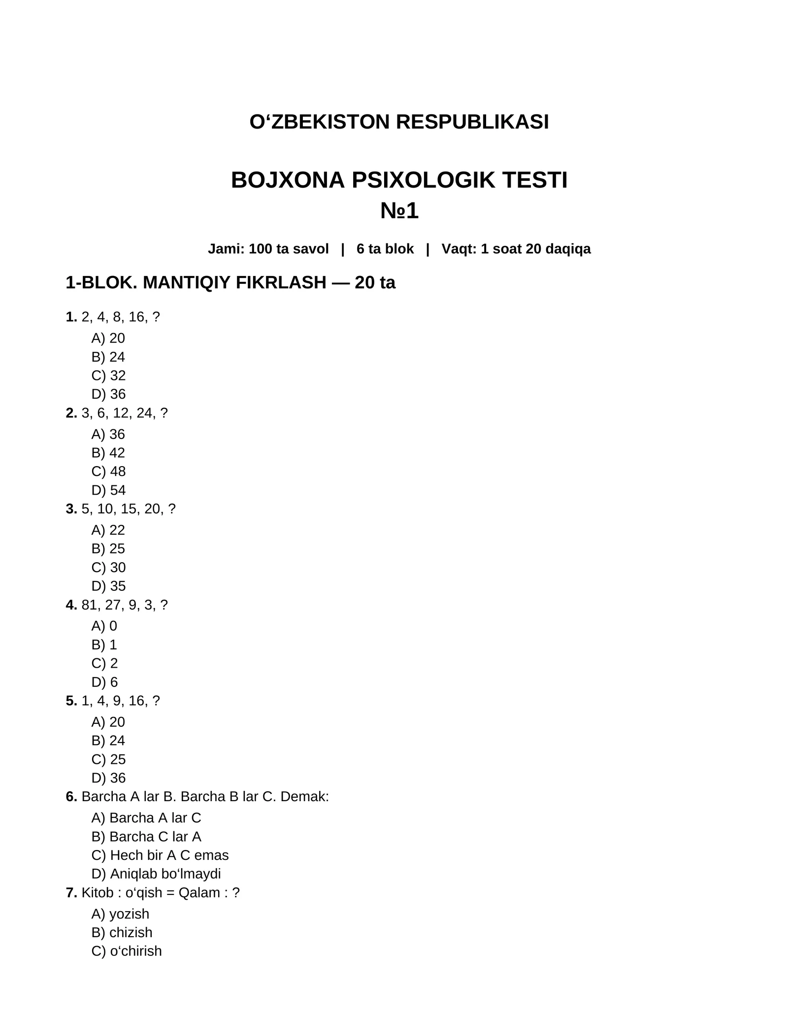 BOJXONA PSIXOLOGIK TESTi