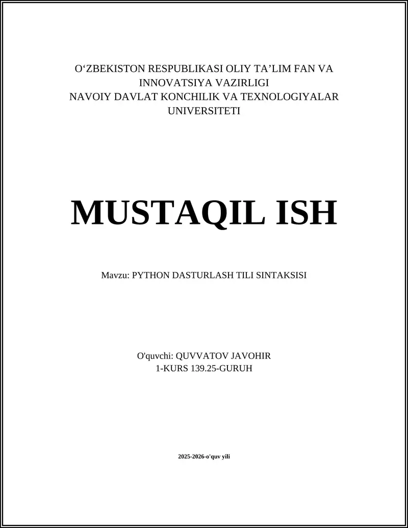 PYTHON DASTURLASH TILI SINTAKSISI