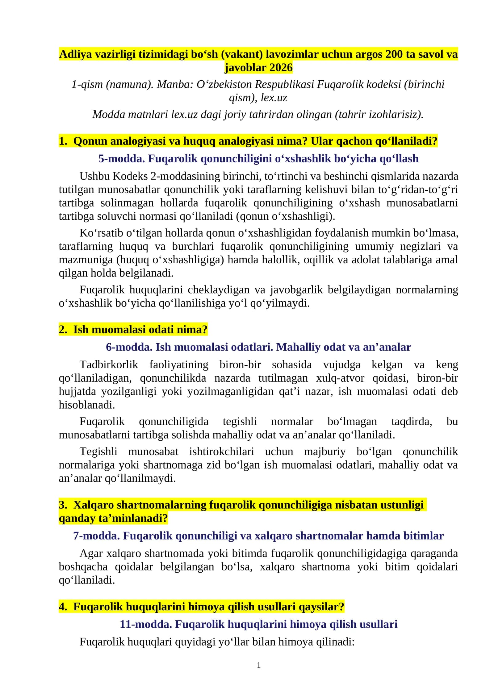Adliya vazirligi tizimidagi bo‘sh lavozimlar uchun argos 200 ta savol va javoblar