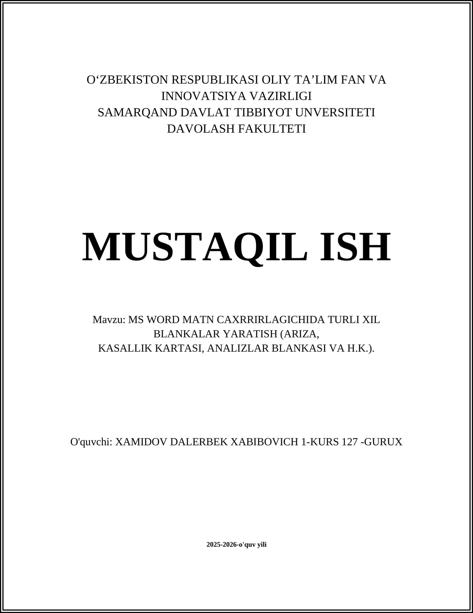 MS WORD MATN CAXRRIRLAGICHIDA TURLI XIL BLANKALAR YARATISH