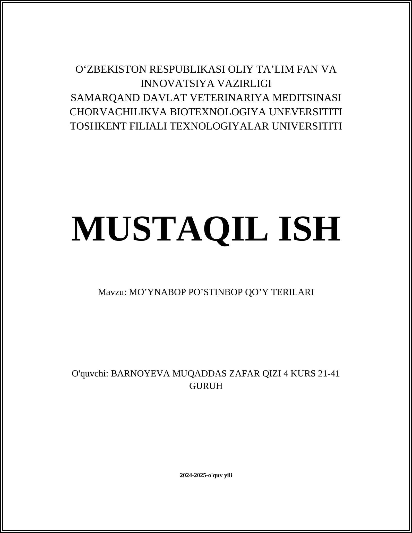 MO’YNABOP PO’STINBOP QO’Y TERILARI