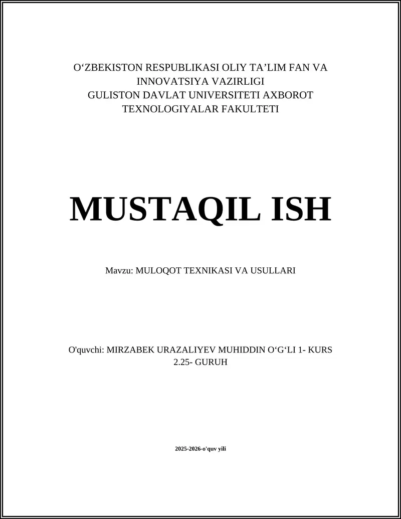 MULOQOT TEXNIKASI VA USULLARI