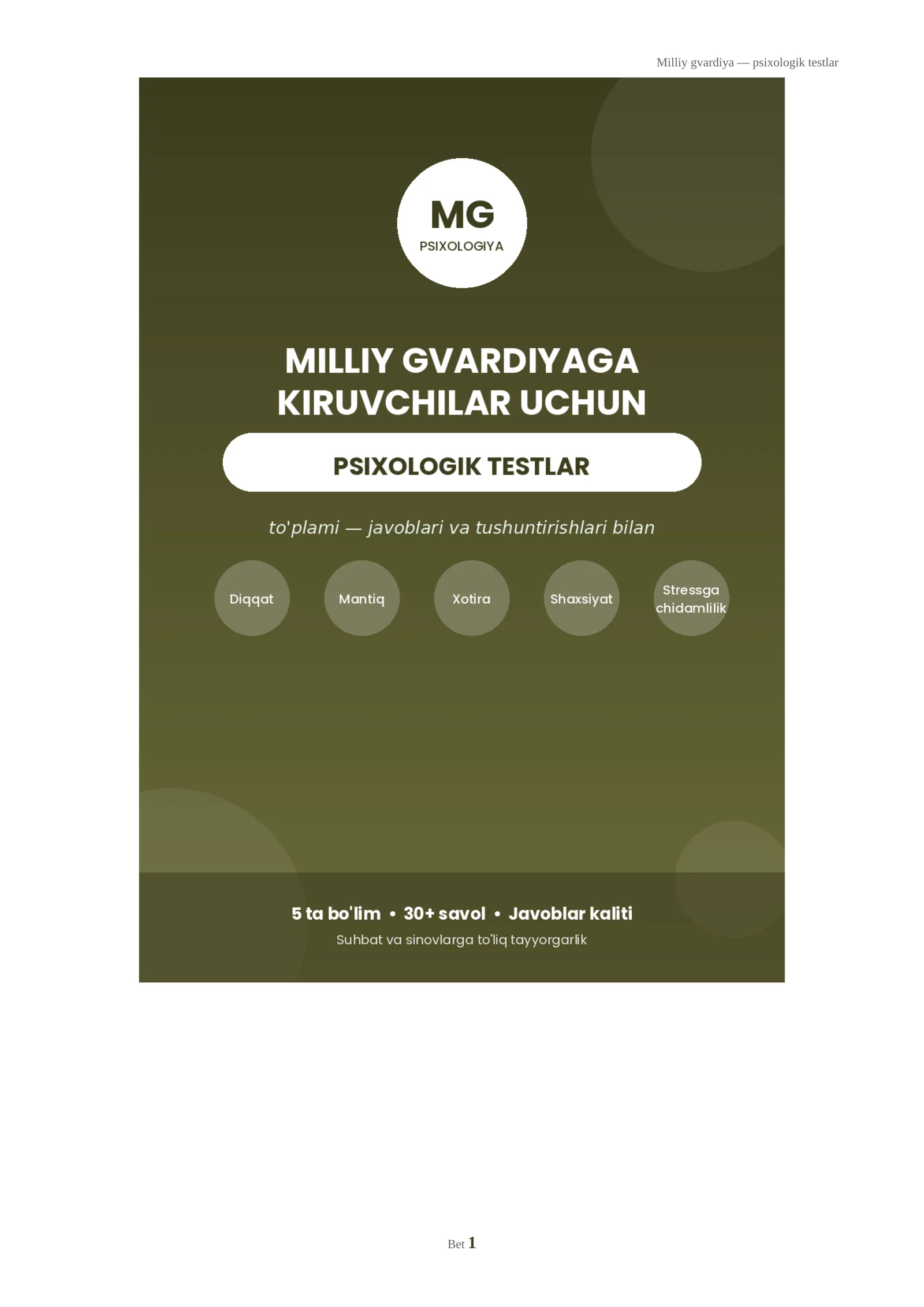 Milliy gvardiyaga kiruvchilar uchun psixologik testlar to'plami (javoblari bilan)