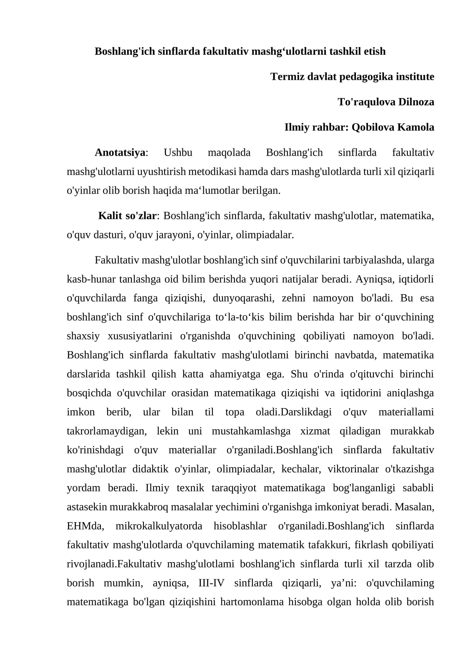 Boshlang'ich sinflarda fakultativ mashg‘ulotlarni tashkil etish