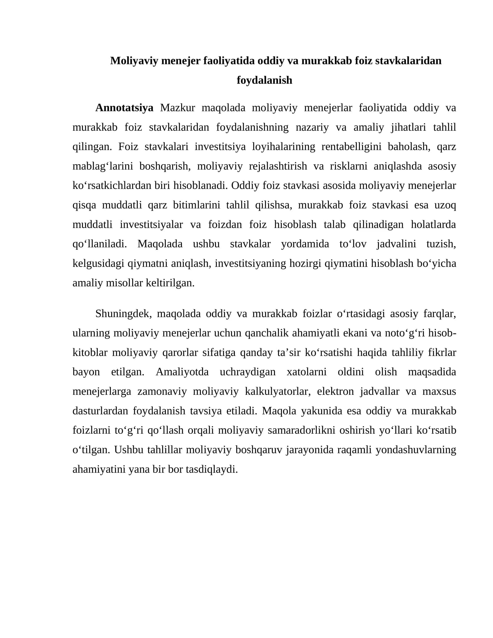 Moliyaviy menejer faoliyatida oddiy va murakkab foiz stavkalaridan foydalanish