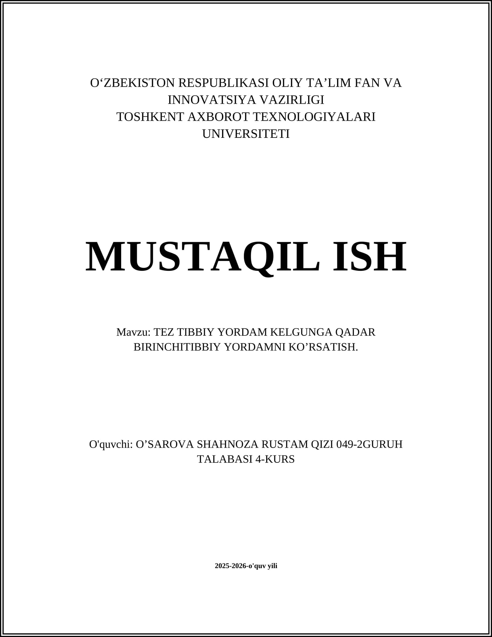 TEZ TIBBIY YORDAM KELGUNGA QADAR BIRINCHITIBBIY YORDAMNI KO’RSATISH