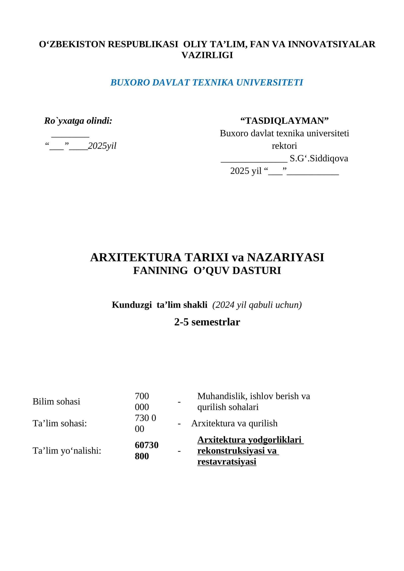 ARXITEKTURA TARIXI va NAZARIYASI FANINING  O’QUV DASTURI