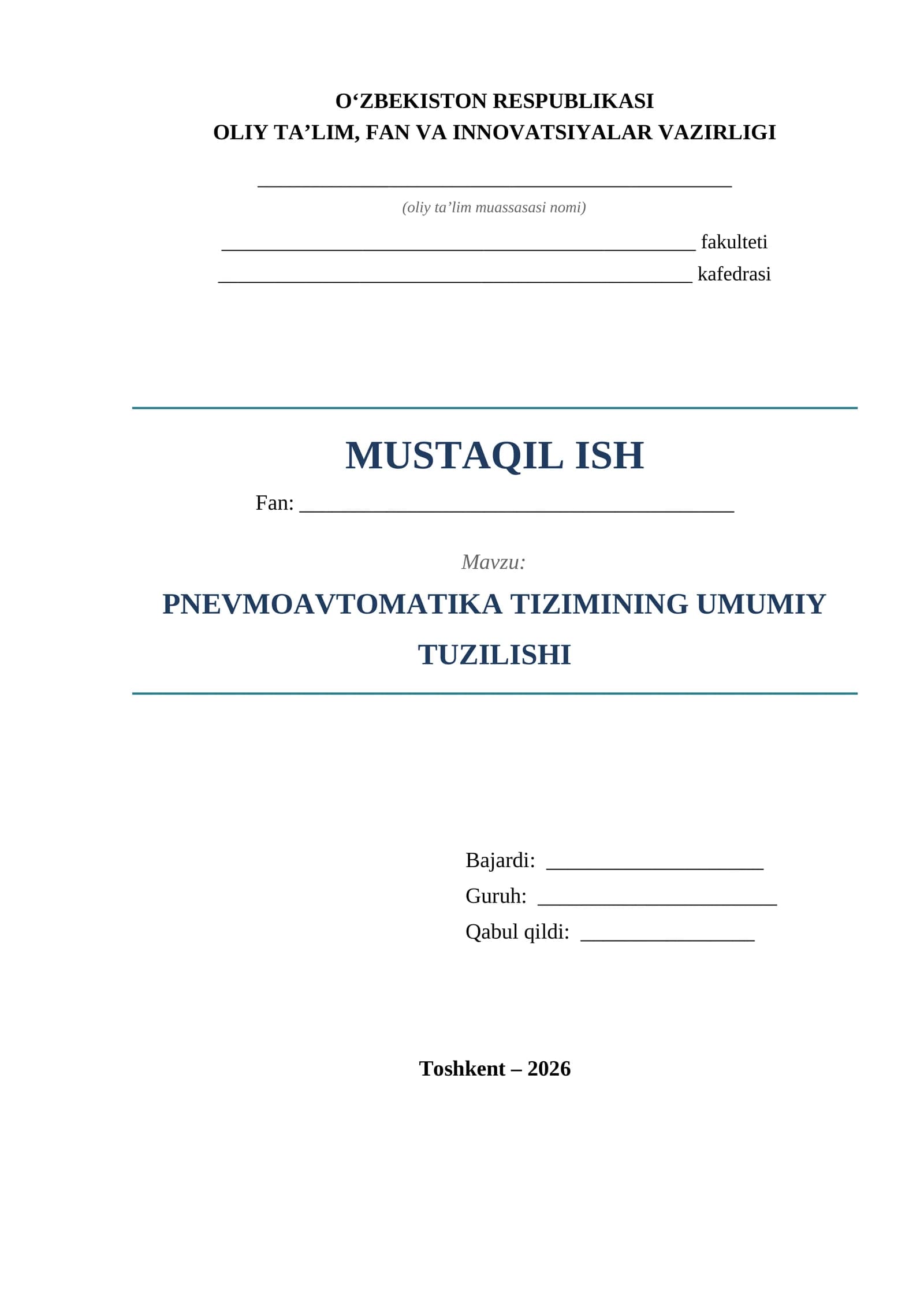 Pnevmoavtomatika tizimining umumiy tuzilishi