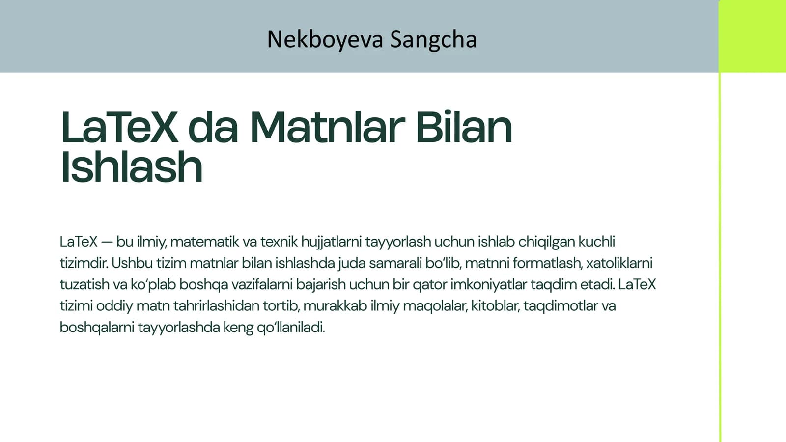 LaTeX da Matnlar Bilan Ishlash