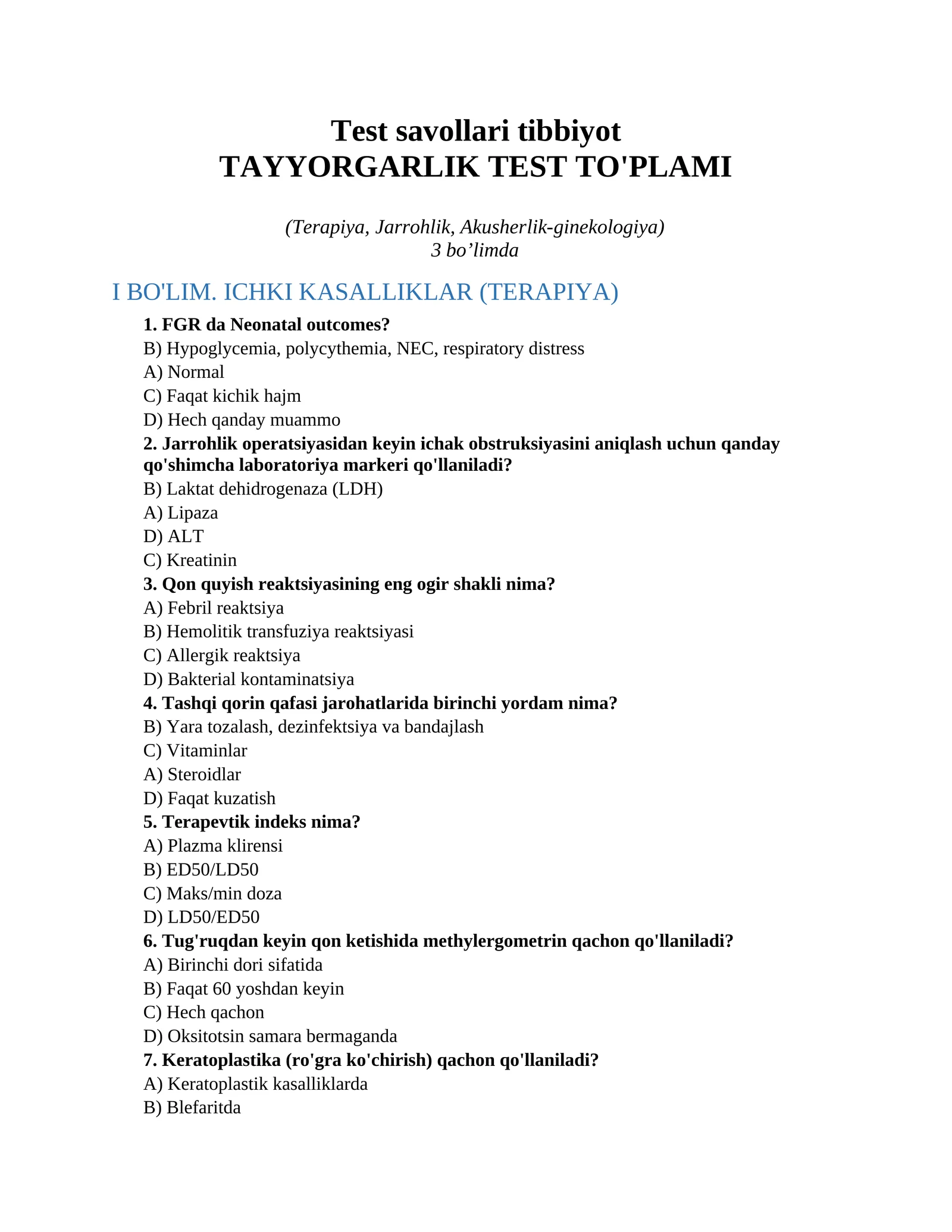 Test savollari tibbiyot