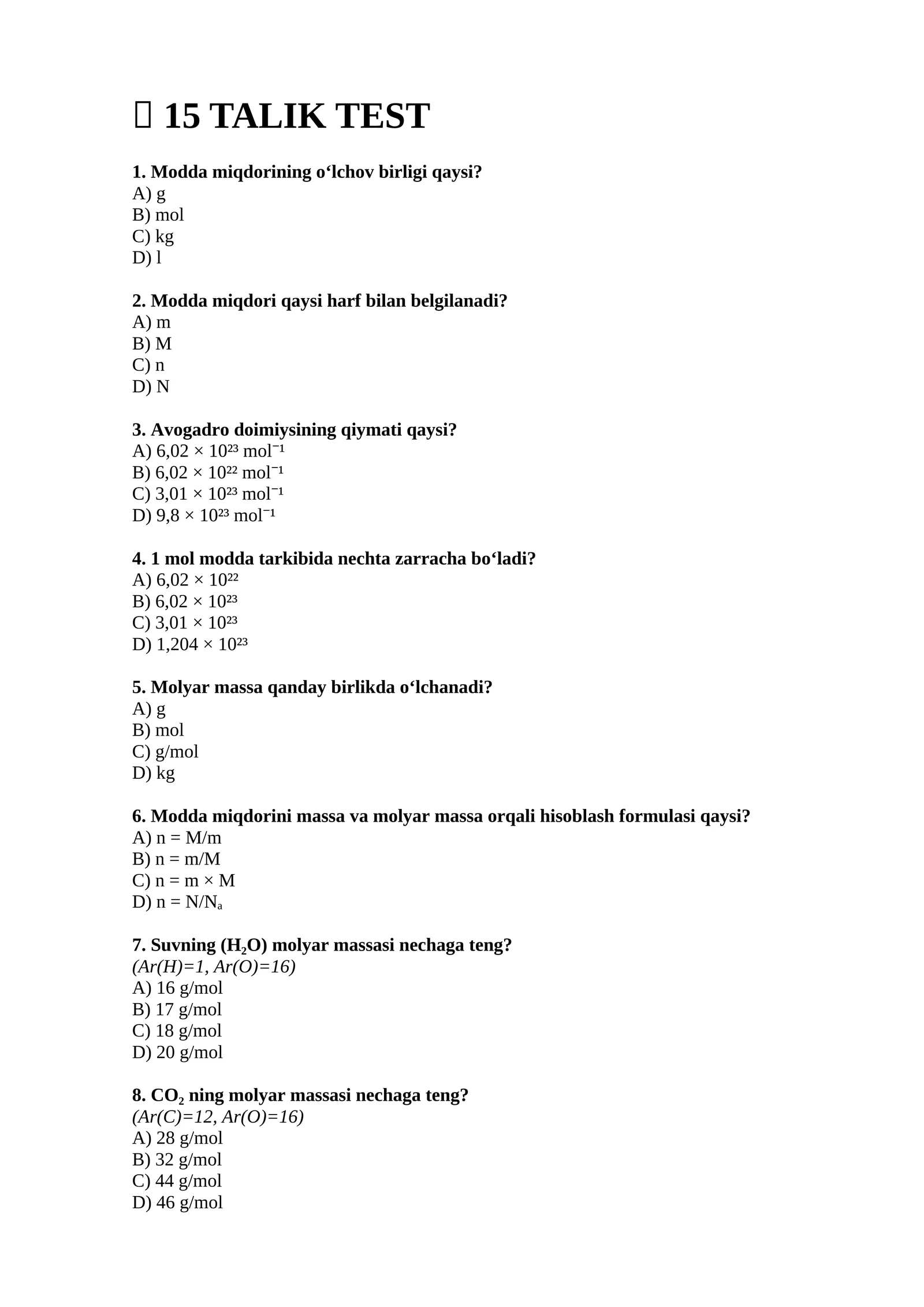 15 TALIK TEST modda miqdori avogadro doimiysi