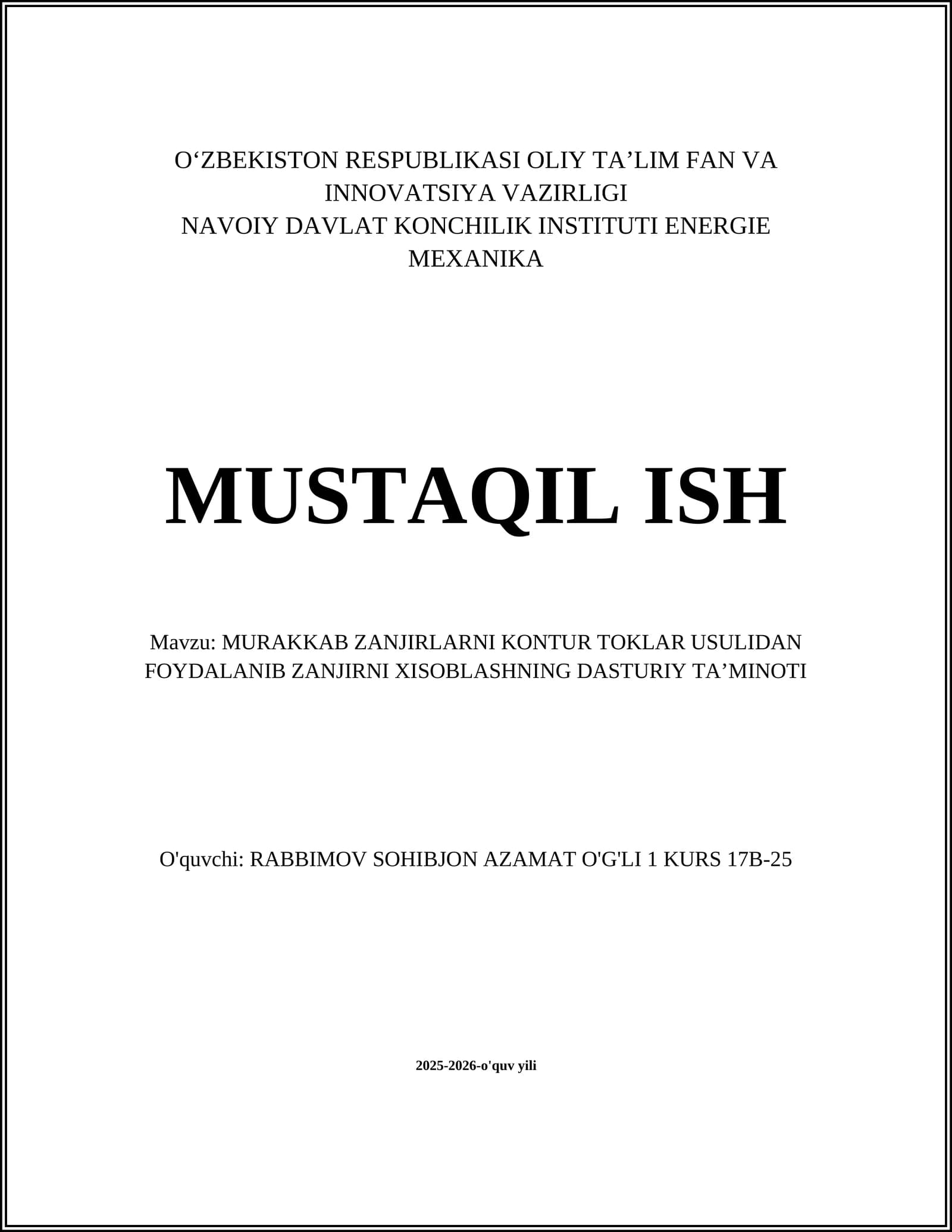 MURAKKAB ZANJIRLARNI KONTUR TOKLAR USULIDAN FOYDALANIB ZANJIRNI XISOBLASHNING DASTURIY TA’MINOTI