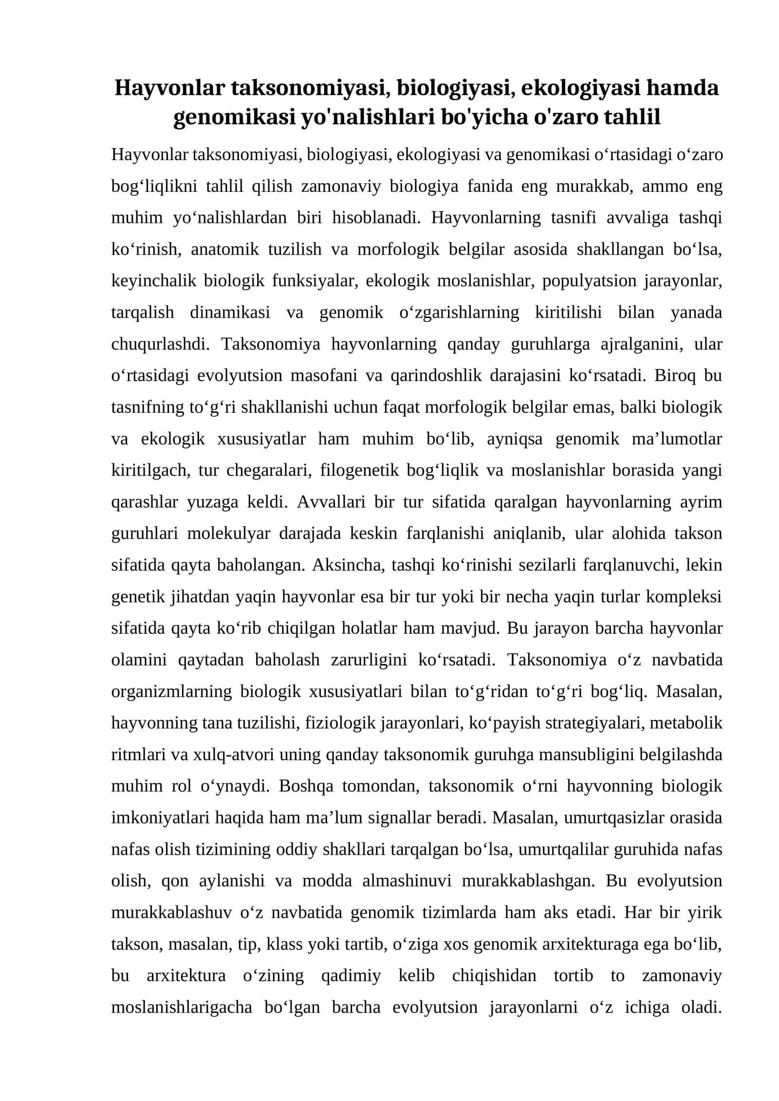 Hayvonlar taksonomiyasi, biologiyasi, ekologiyasi hamda genomikasi yo'nalishlari bo'yicha o'zaro tahlil