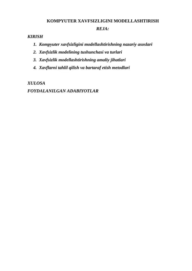 KOMPYUTER XAVFSIZLIGINI MODELLASHTIRISH