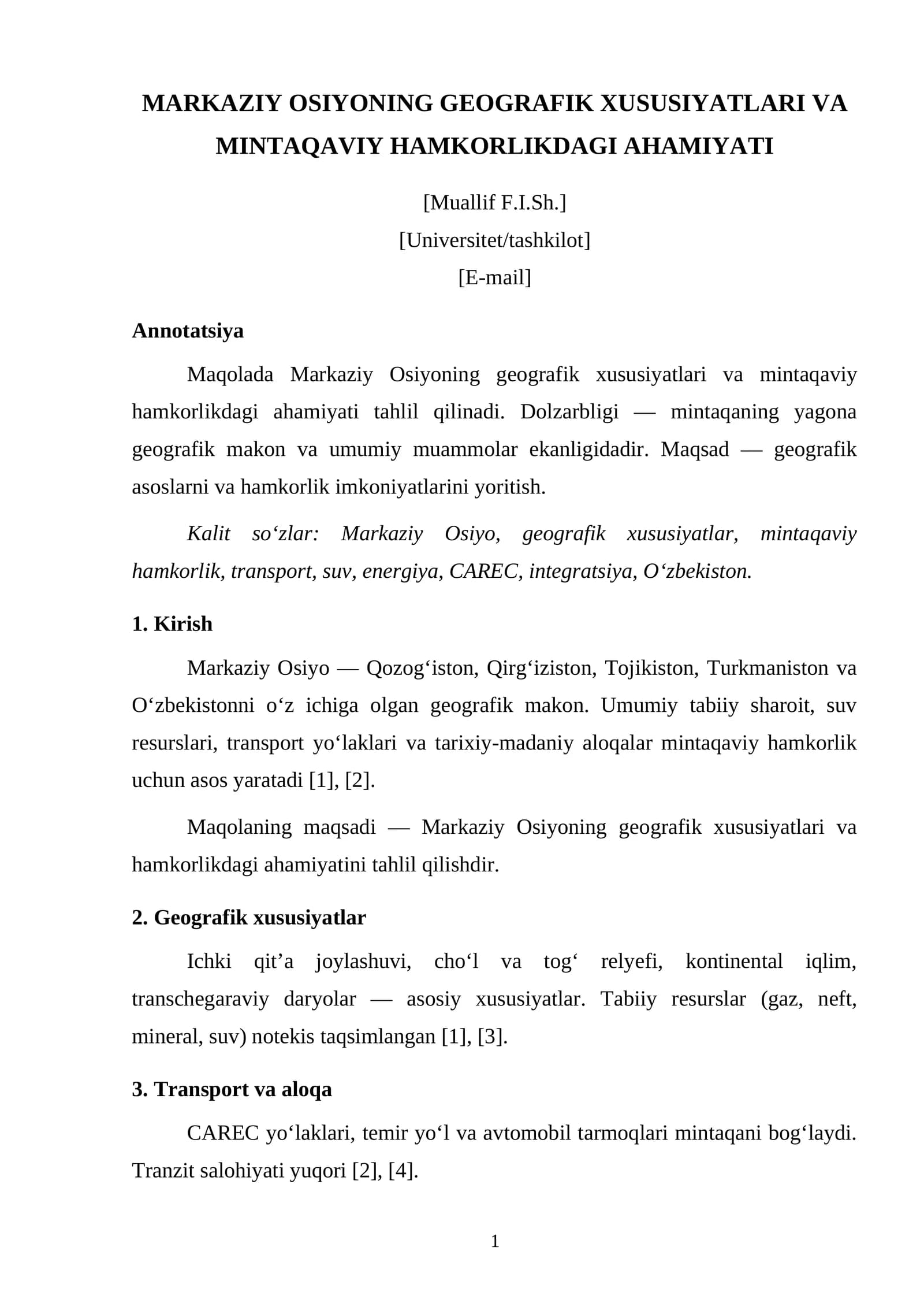 Markaziy Osiyoning Geografik Xususiyatlari va Mintaqaviy Hamkorlikdagi Ahamiyati