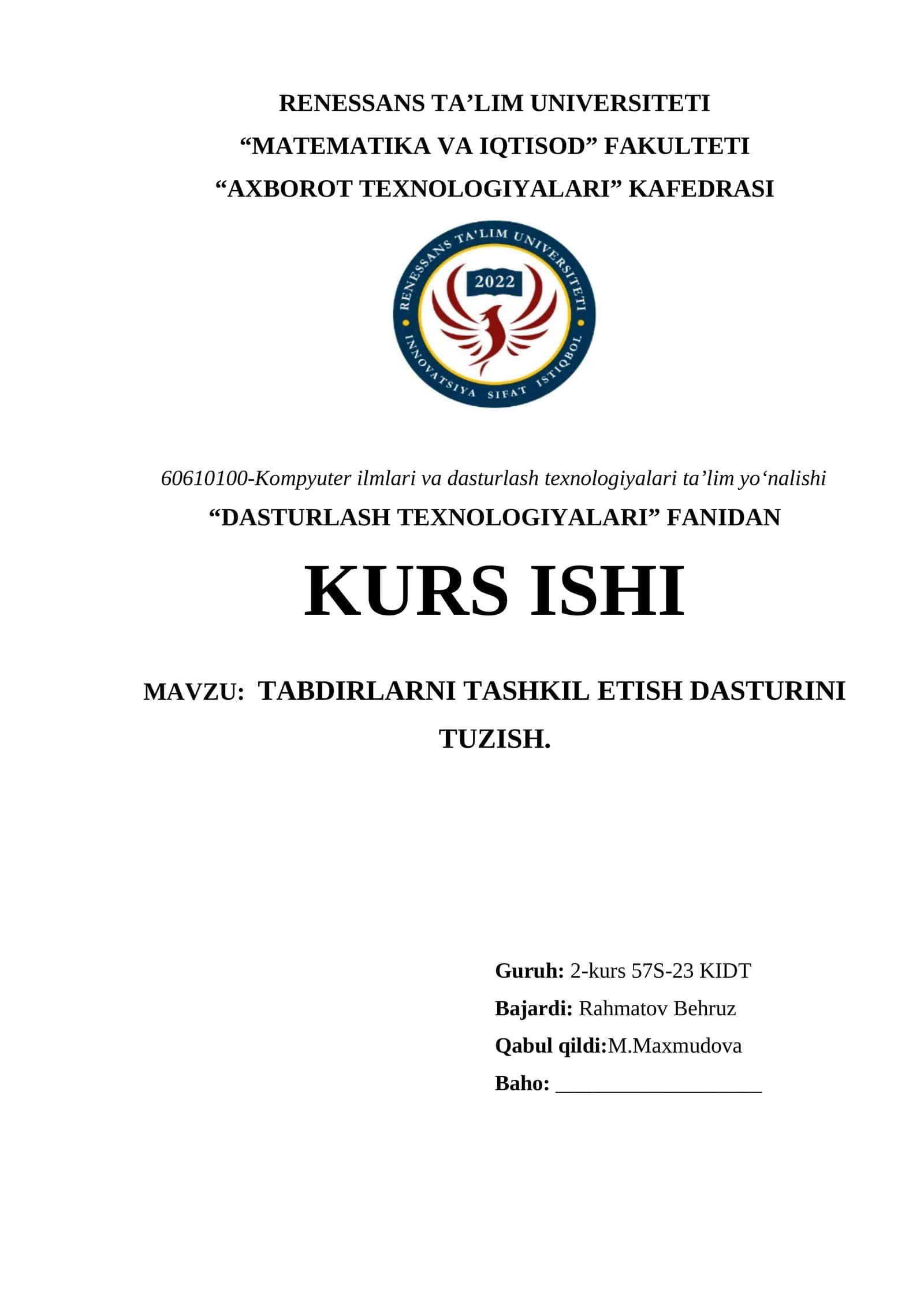 TABDIRLARNI TASHKIL ETISH DASTURINI TUZISH
