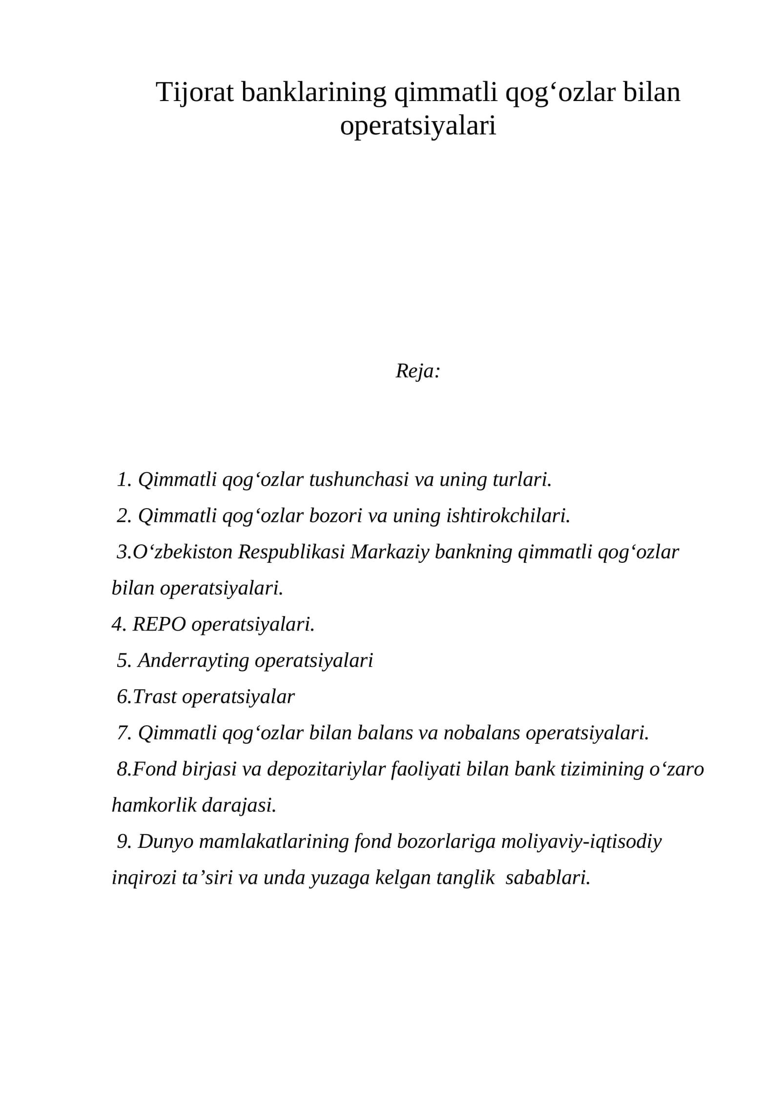 Qimmatli qog‘ozlar bilan operatsiyalari