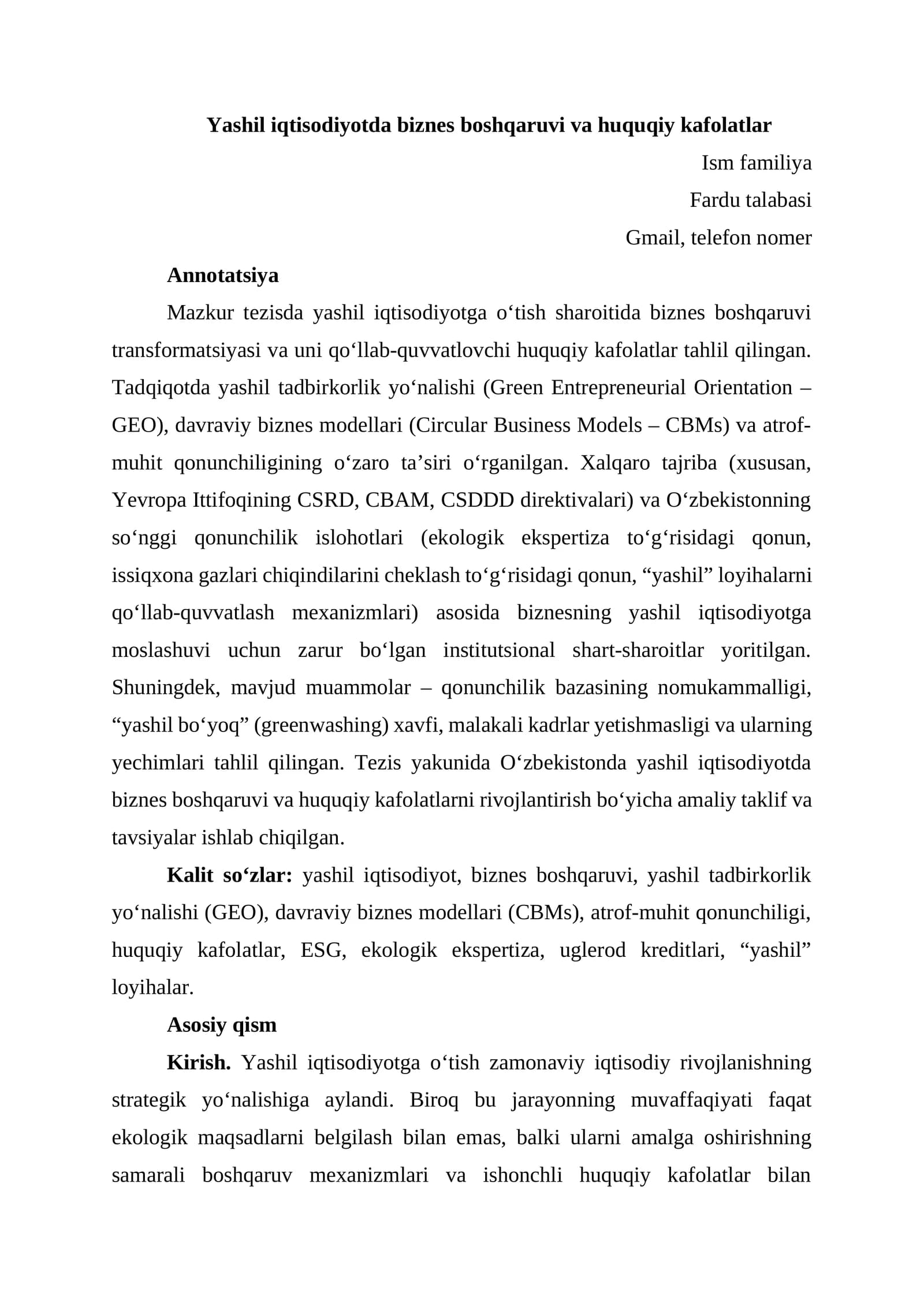 Yashil iqtisodiyotda biznes boshqaruvi va huquqiy kafolatlar