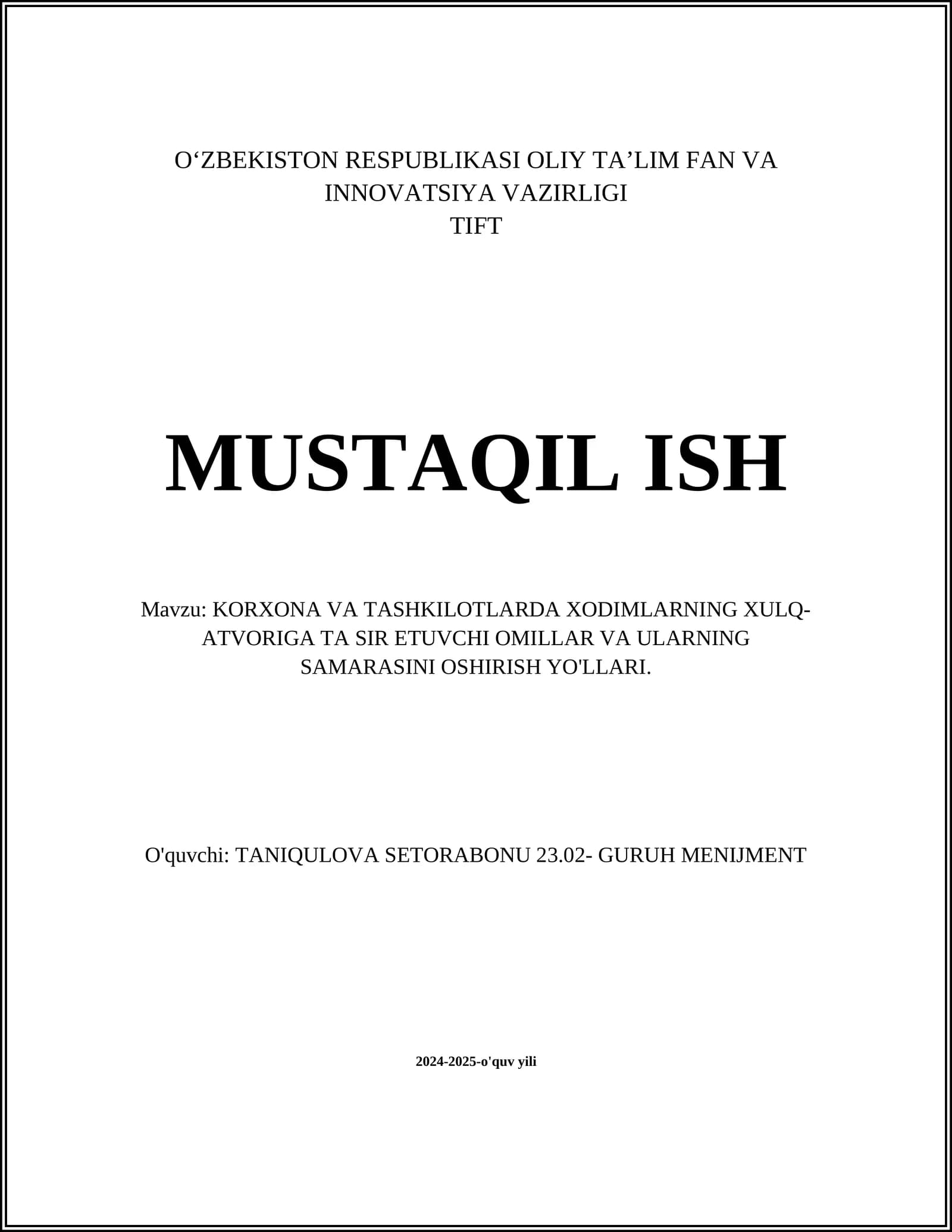 Mehnat Muhitining Xodim Xulq-Atvoriga Ta'siri