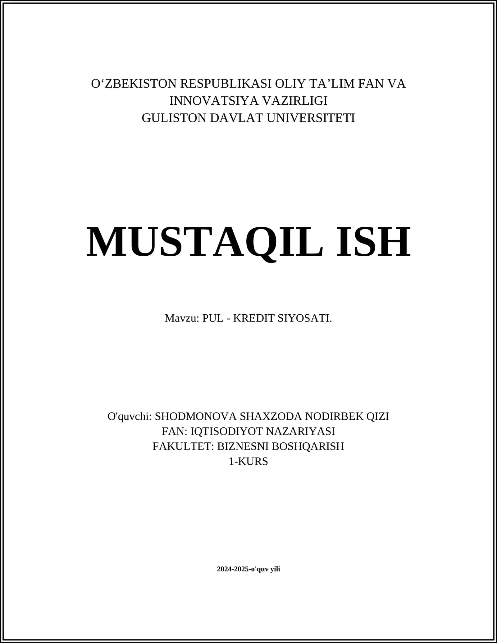 PUL - KREDIT SIYOSATI