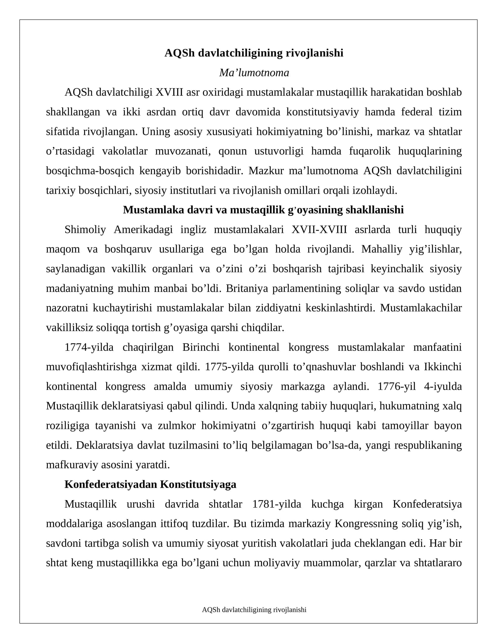AQSh davlatchiligining rivojlanishi