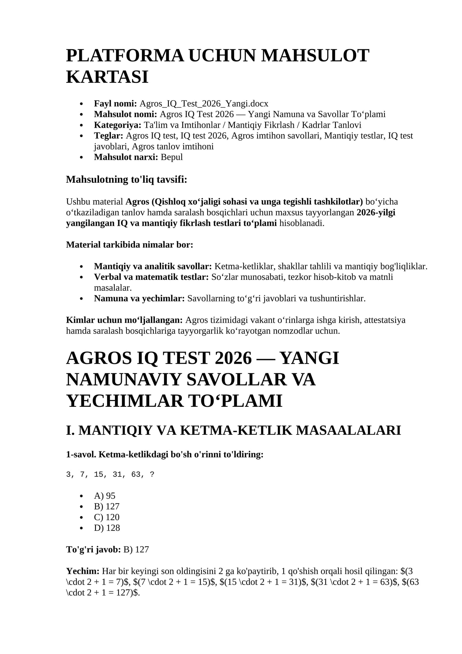 Agros IQ Test 2026 — Yangi Namuna va Savollar Toʻplami