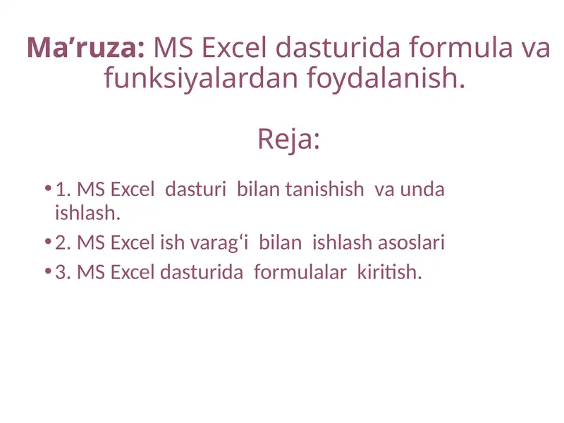 MS Excel dasturida formulalar
