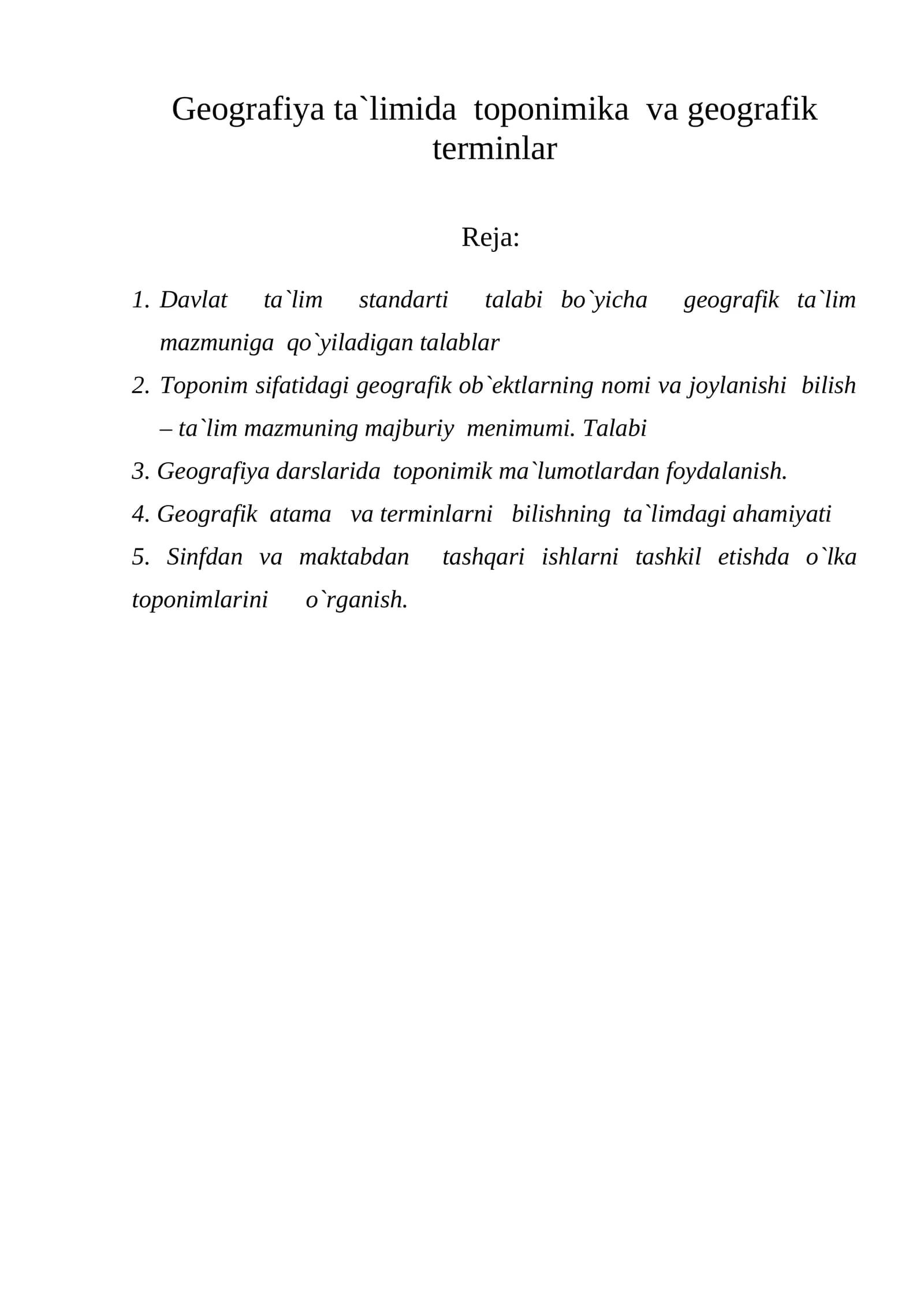 Geografiya ta`limida toponimika va geografik terminlar