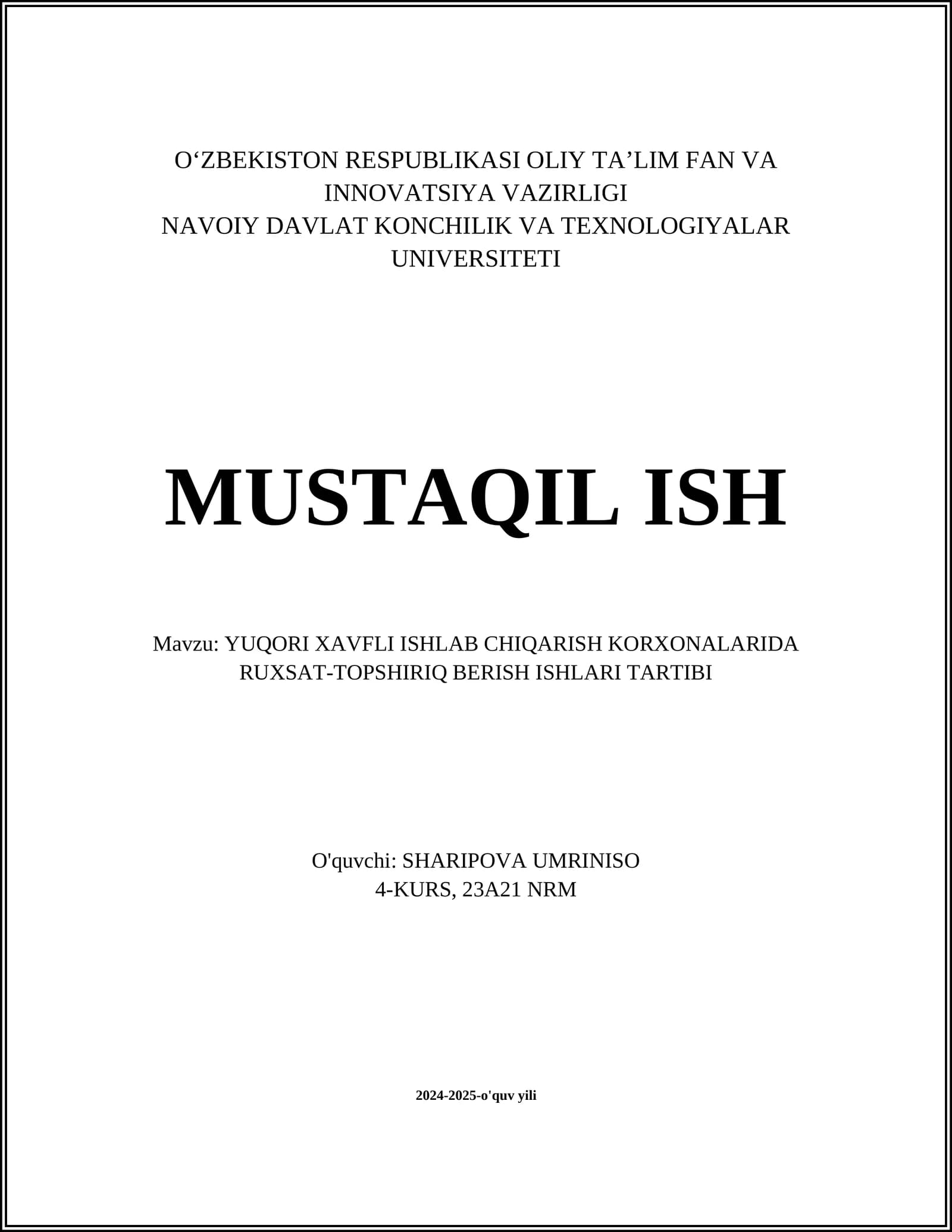 YUQORI XAVFLI ISHLAB CHIQARISH KORXONALARIDA RUXSAT-TOPSHIRIQ BERISH ISHLARI TARTIBI