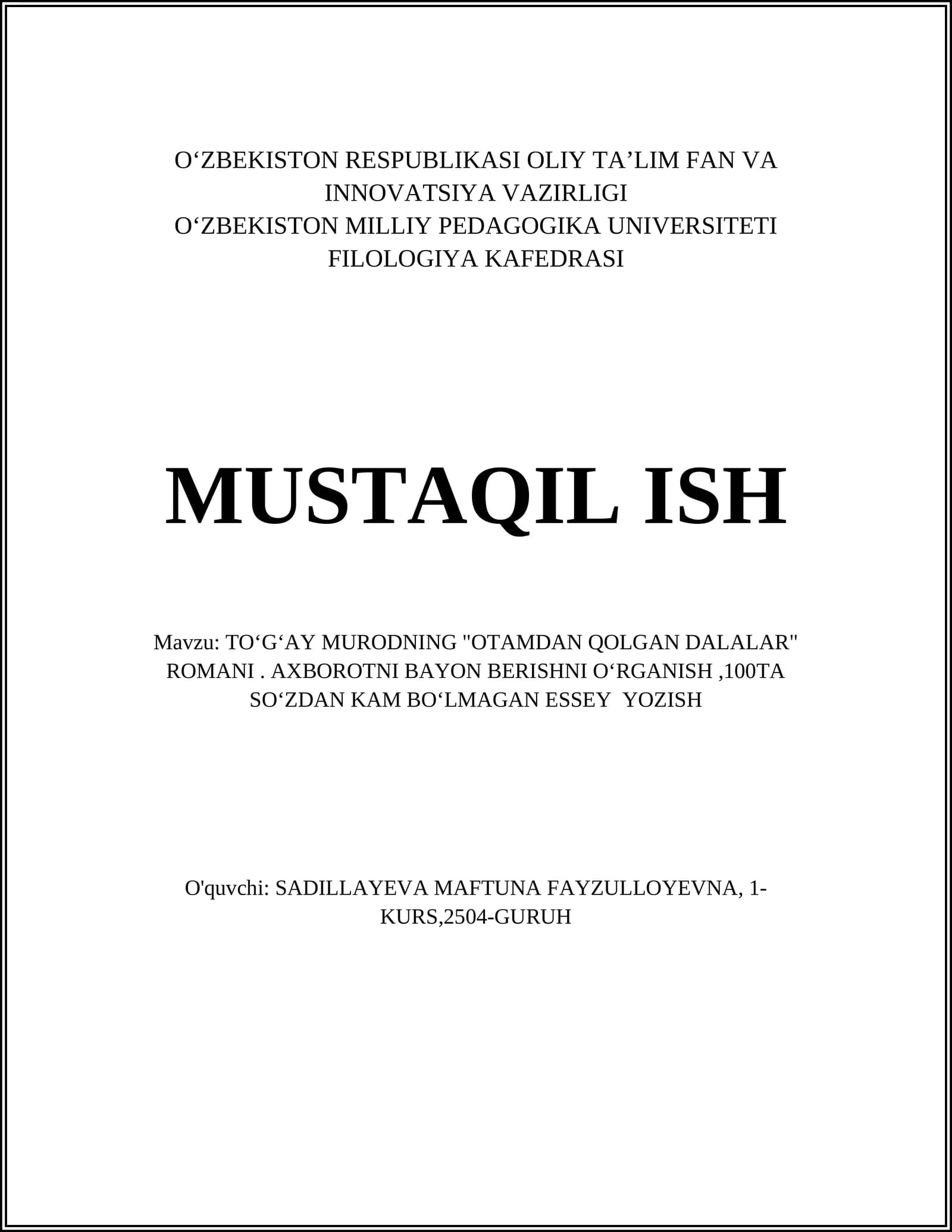 TOʻGʻAY MURODNING "OTAMDAN QOLGAN DALALAR" ROMANI