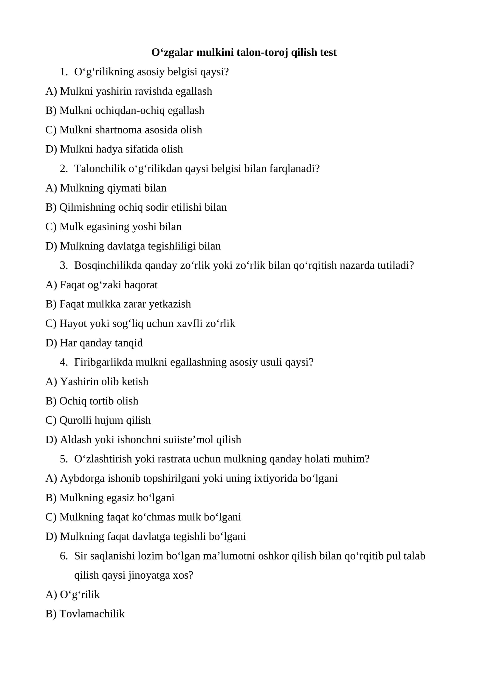 O‘zgalar mulkini talon-toroj qilish test
