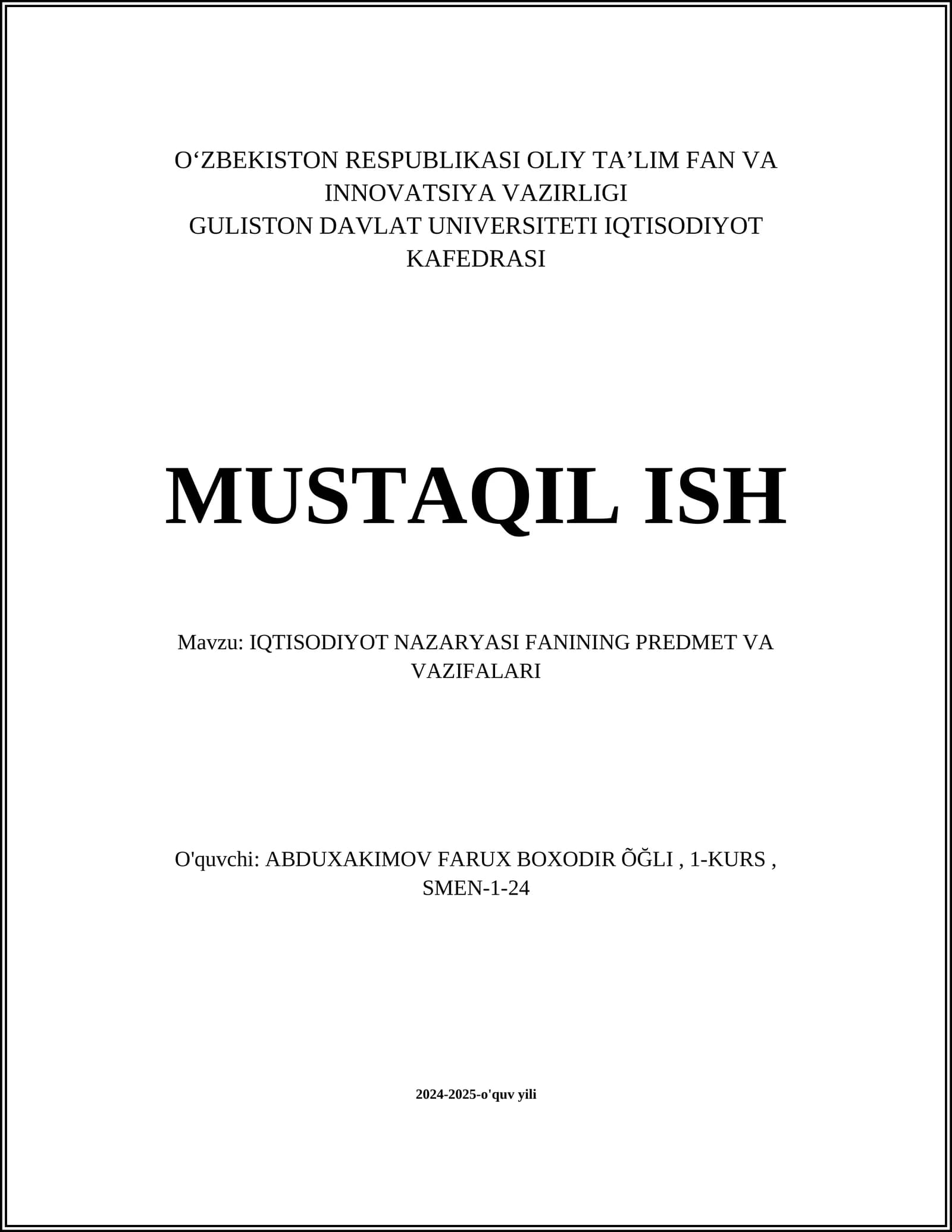 IQTISODIYOT NAZARYASI FANINING PREDMET VA VAZIFALARI