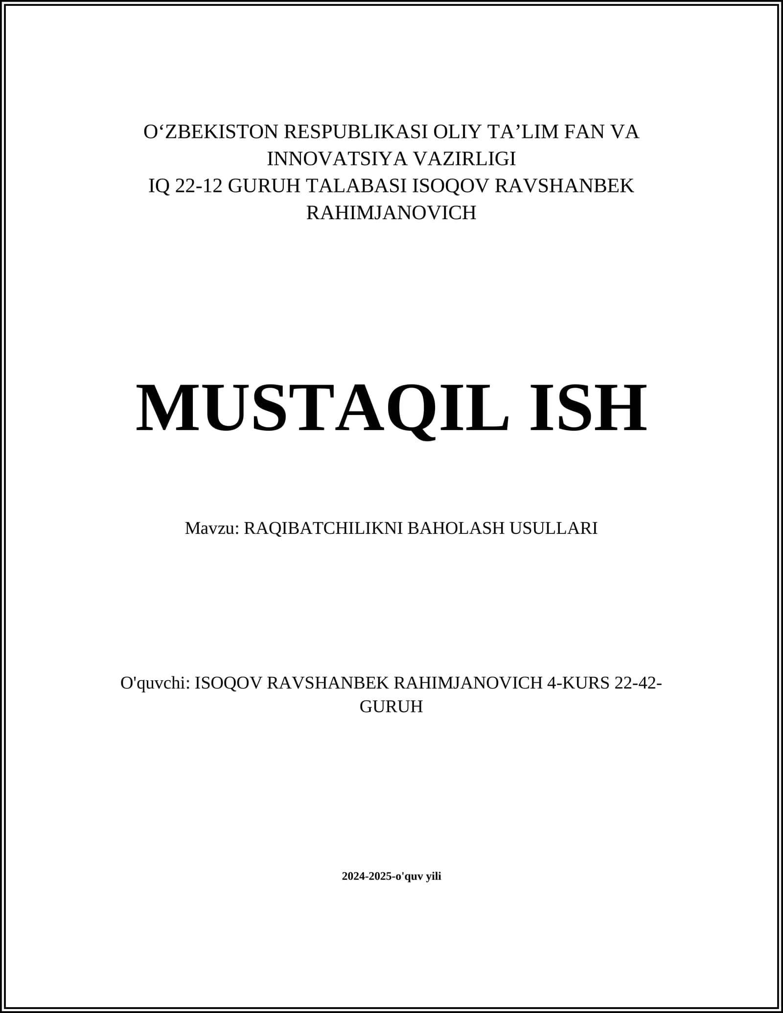 RAQIBATCHILIKNI BAHOLASH USULLARI