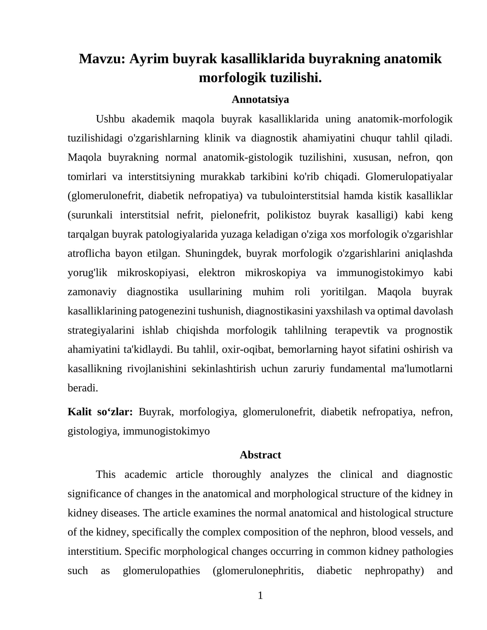 Buyrak kasalliklaridagi anatomik morfologik tuzilish