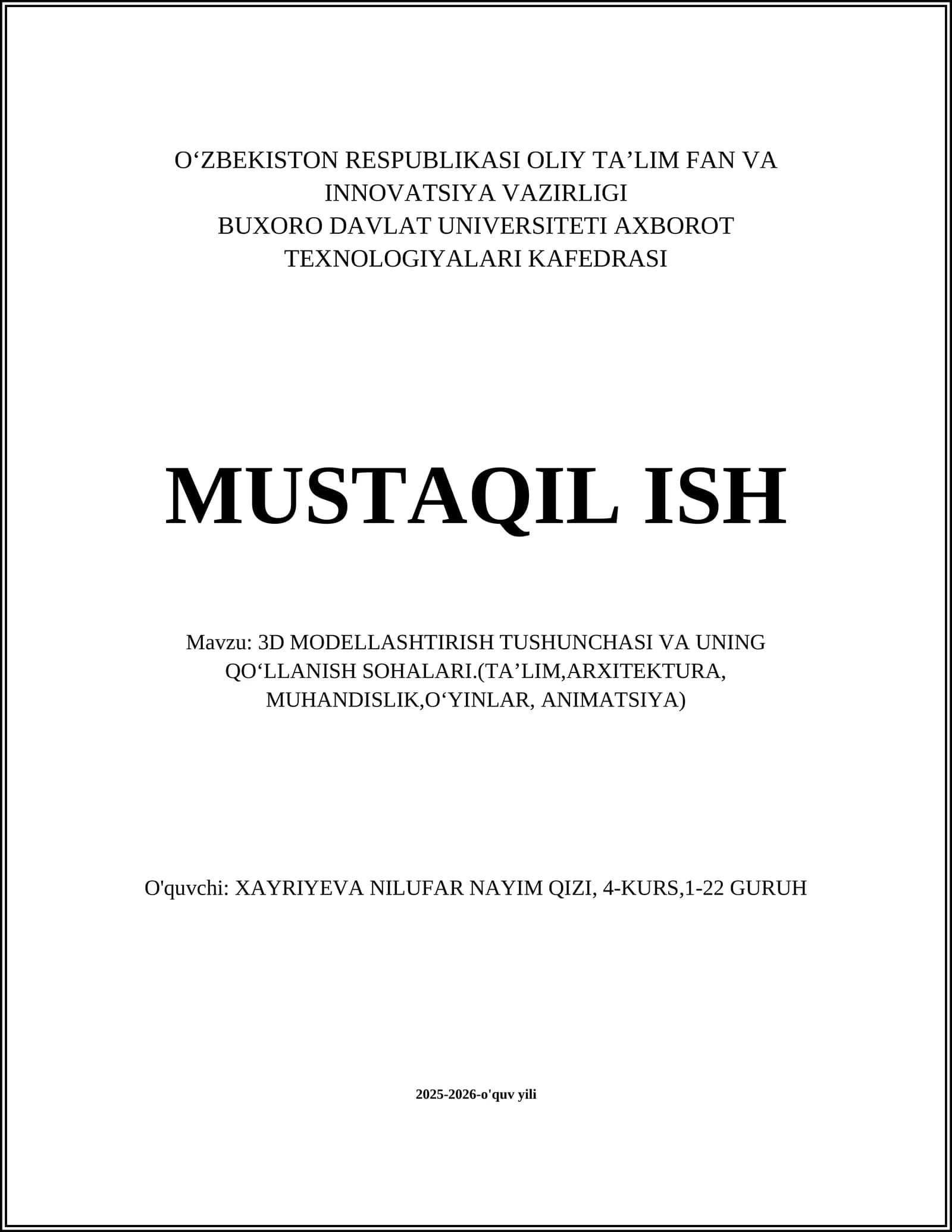 3D MODELLASHTIRISH TUSHUNCHASI VA UNING QOʻLLANISH SOHALARI