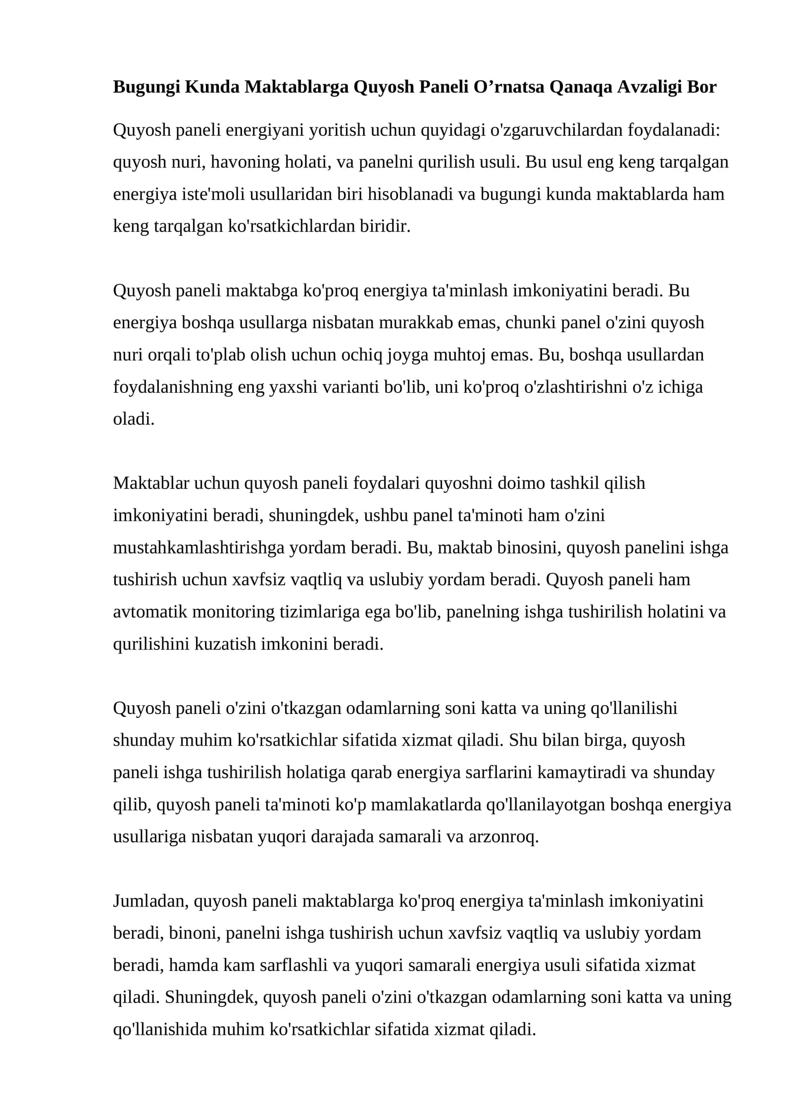 Quyosh paneli foydasi maktablar uchun