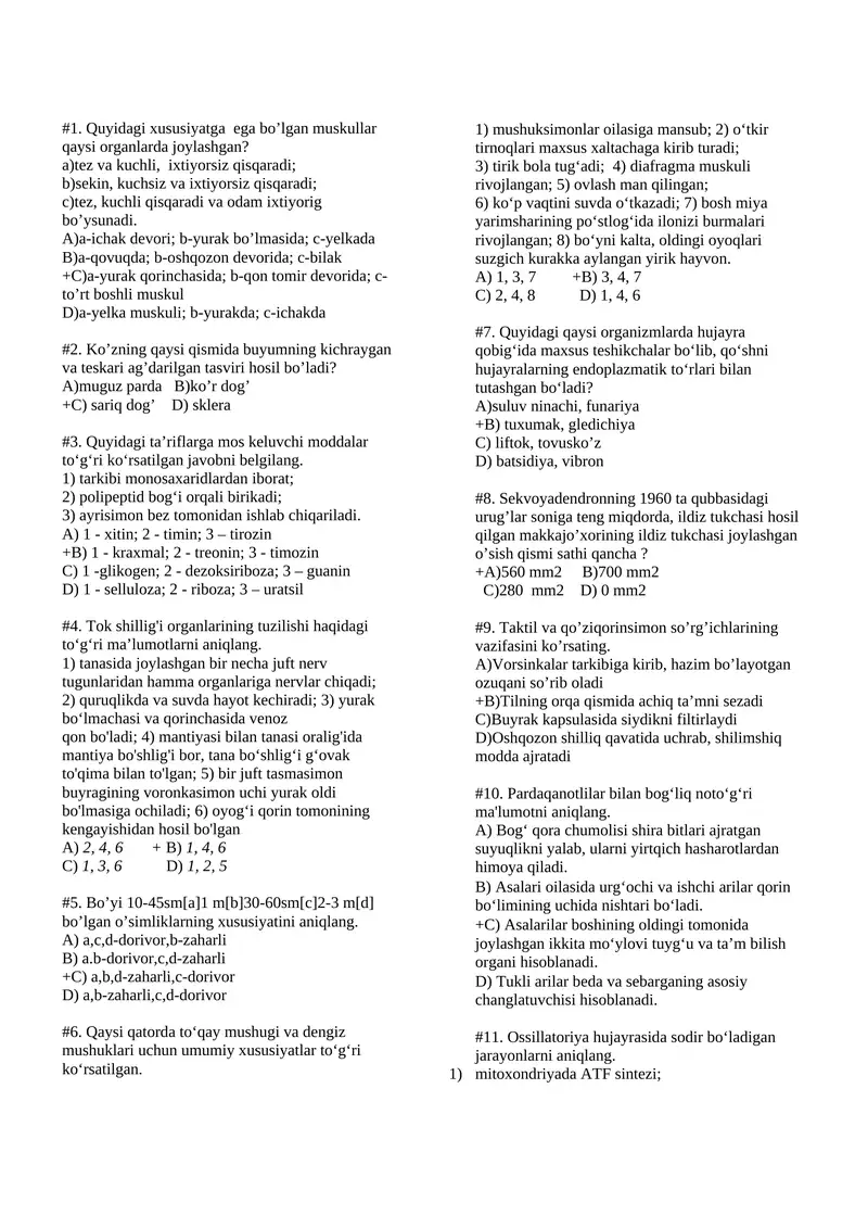 Biologiyadan test savollari