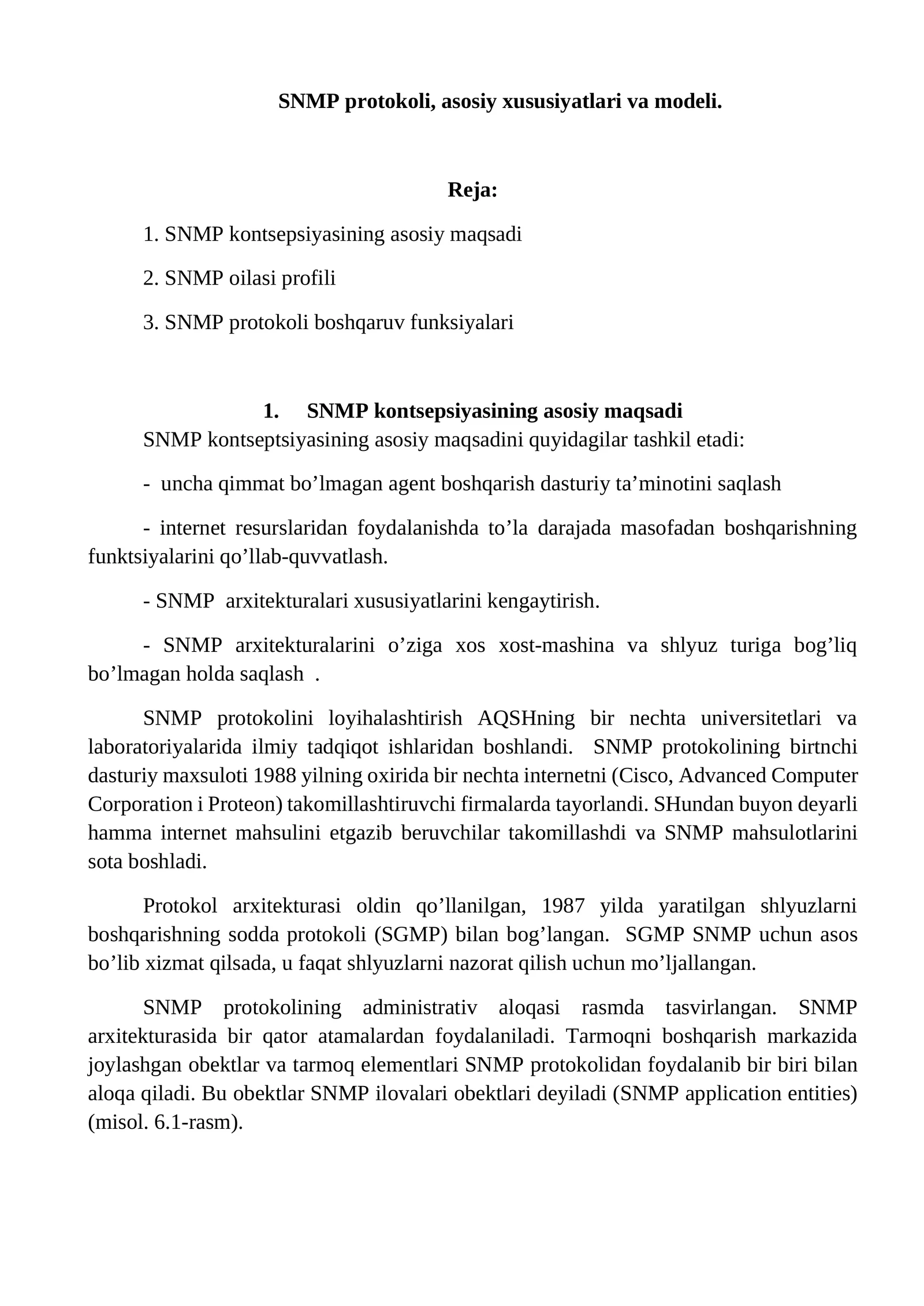 SNMP protokoli, asosiy xususiyatlari va modeli