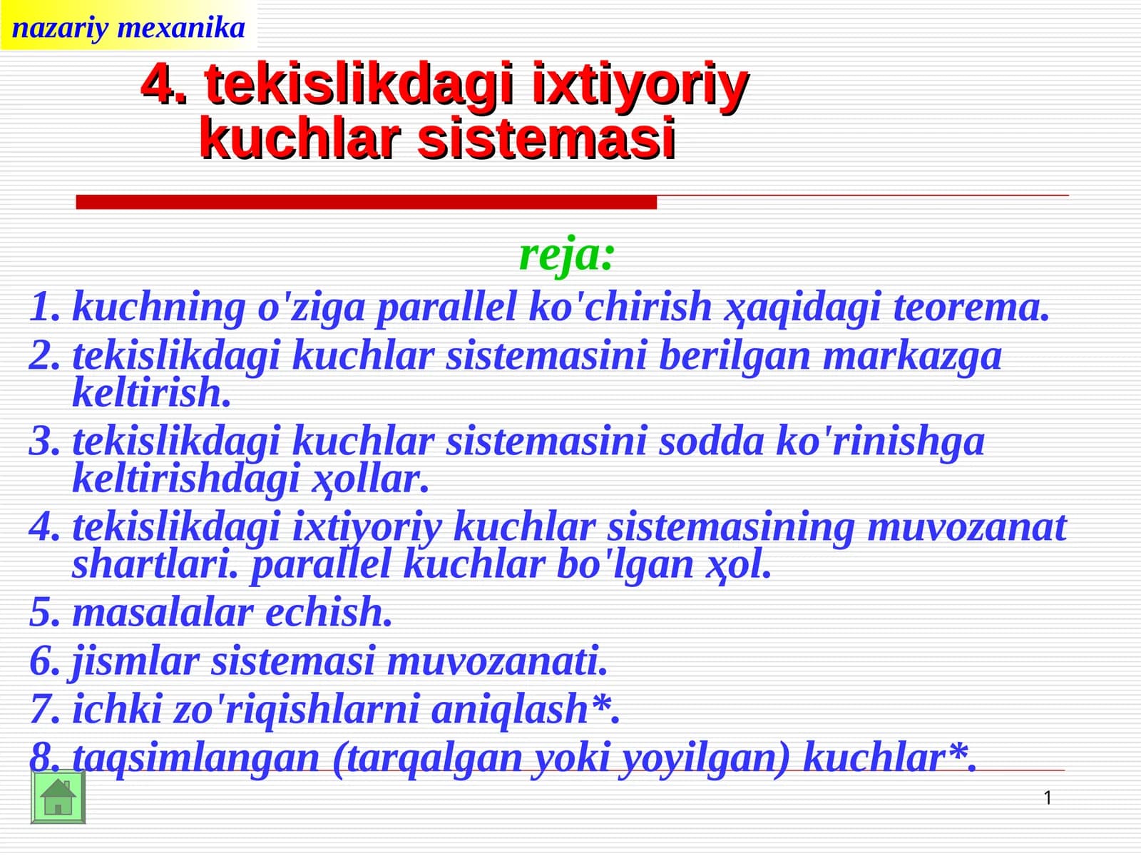 tekislikdagikuchlarsistemasining muvozanati