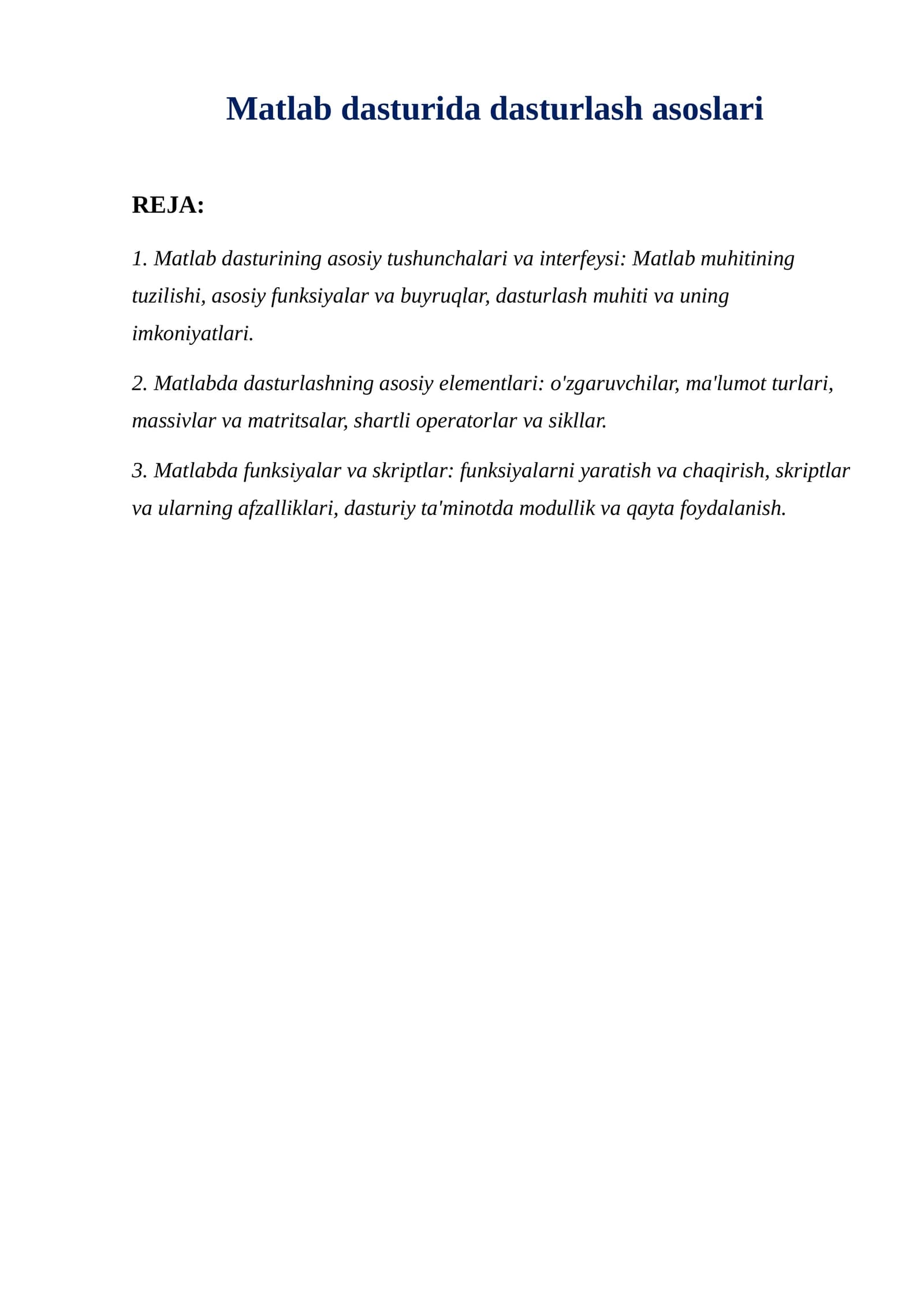 Matlab dasturida dasturlash asoslari