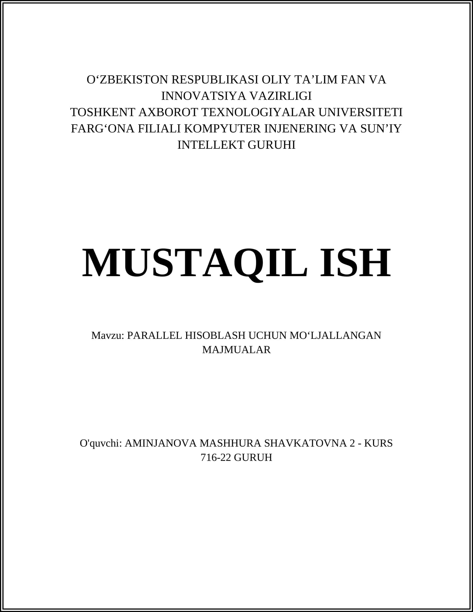 PARALLEL HISOBLASH UCHUN MOʻLJALLANGAN MAJMUALAR