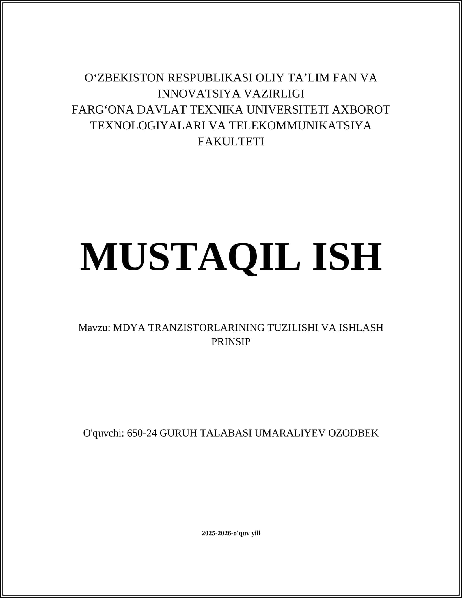 MDYA TRANZISTORLARINING TUZILISHI VA ISHLASH PRINSIP