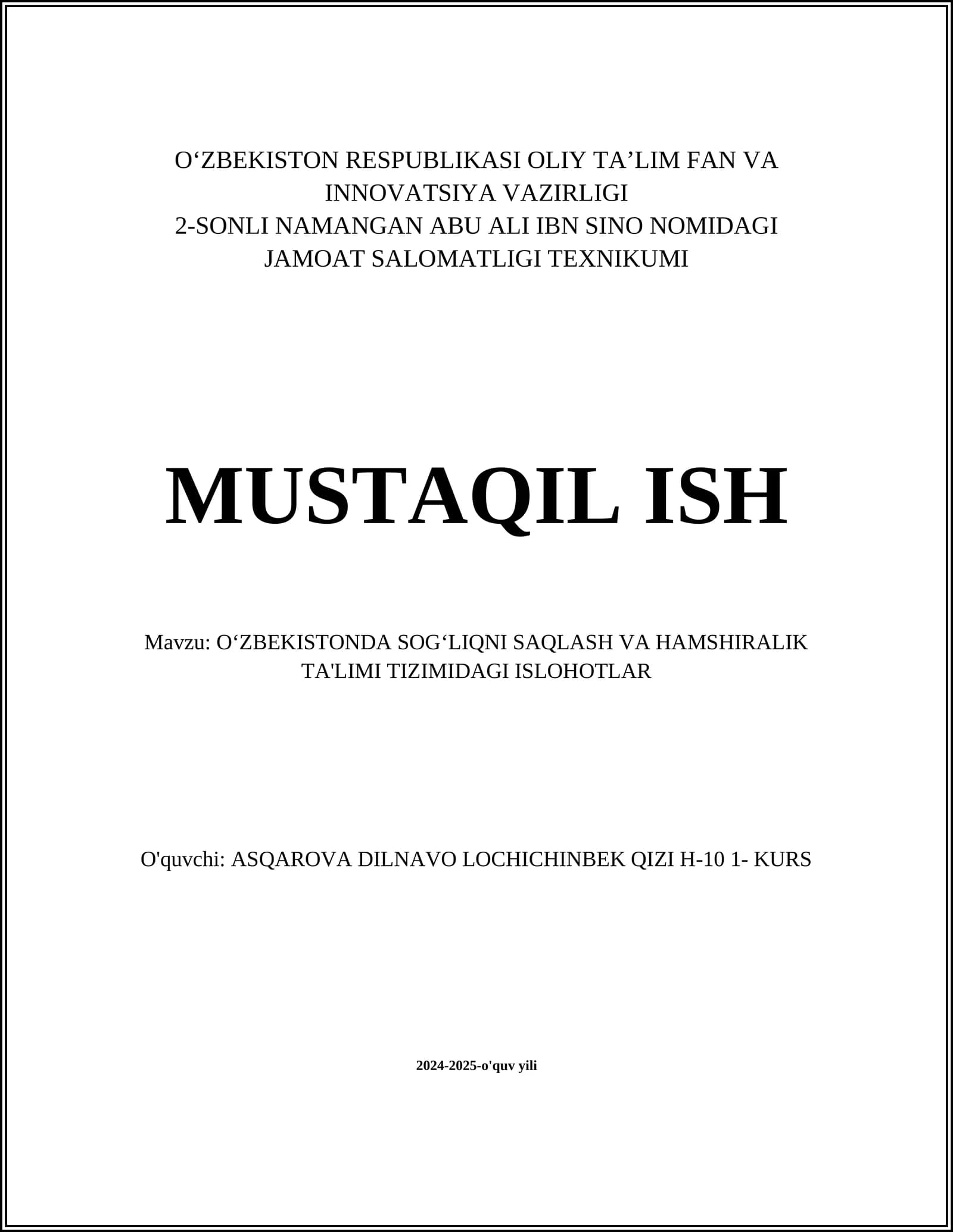 Oʻzbekistonda sogʻliqni saqlash va hamshiralik ta'lumi tizimidagi islohotlar