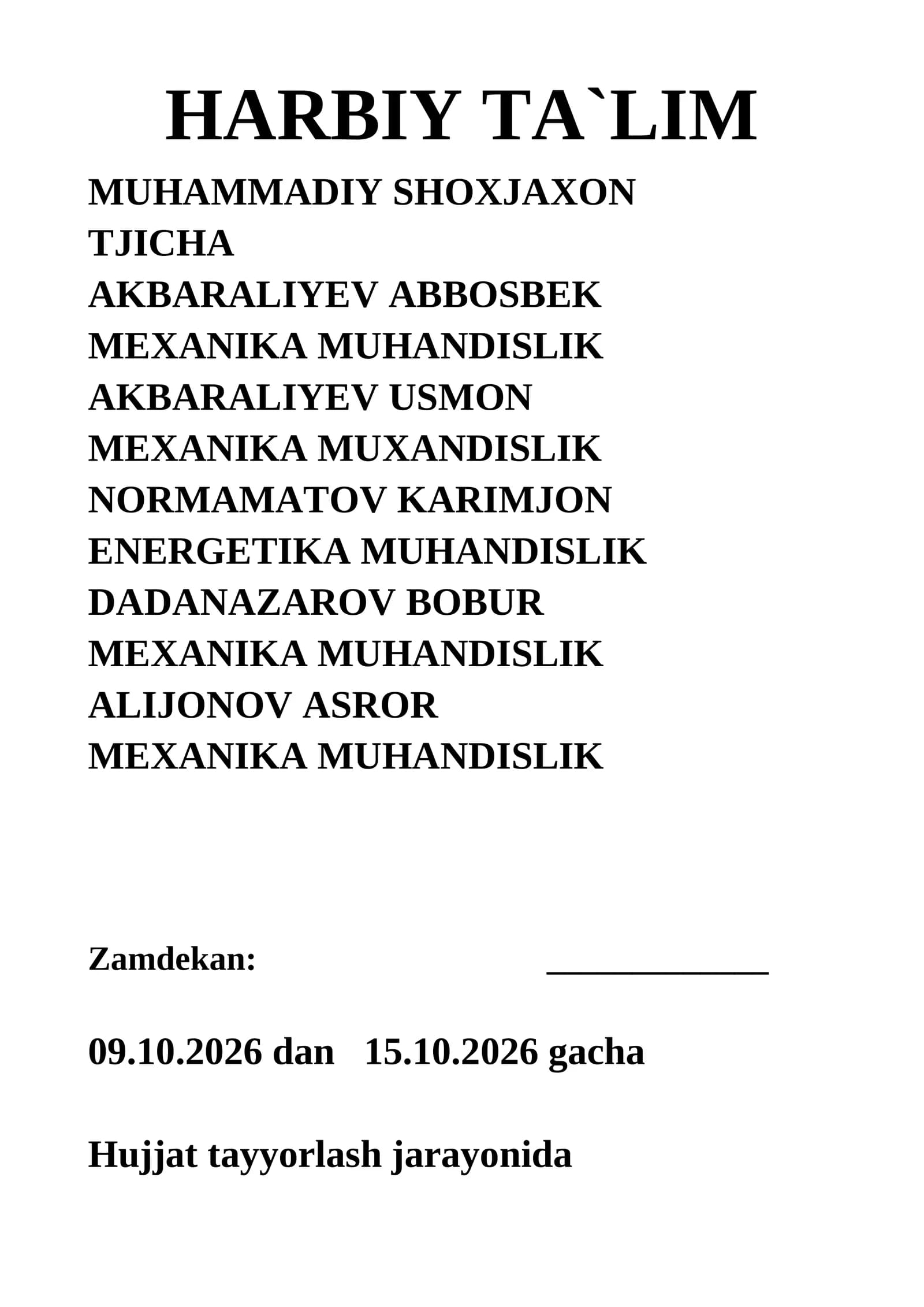 HARBIY TA`LIM MUHAMMADIY SHOXJAXON TJICHA