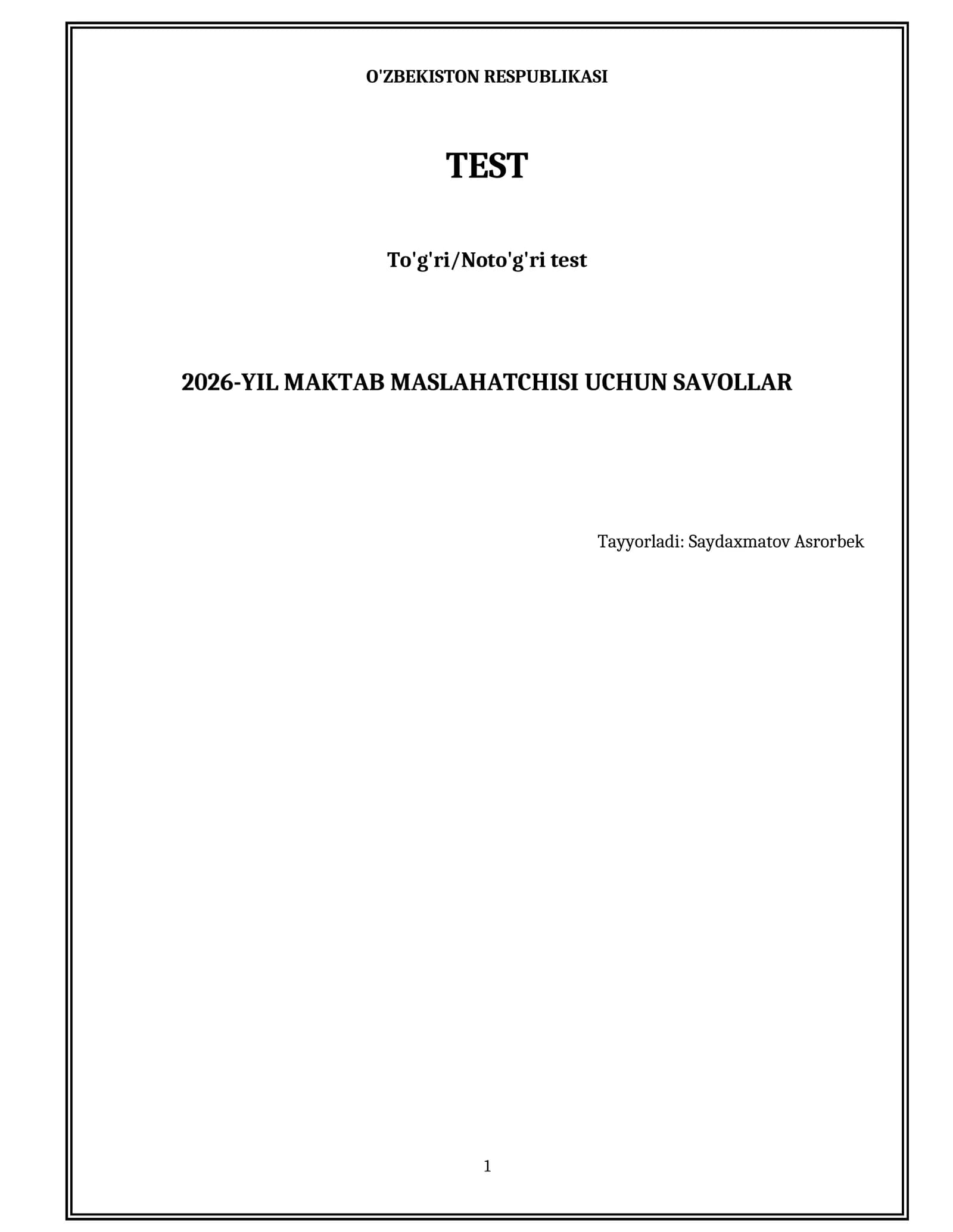 2026-YIL MAKTAB MASLAHATCHISI UCHUN SAVOLLAR