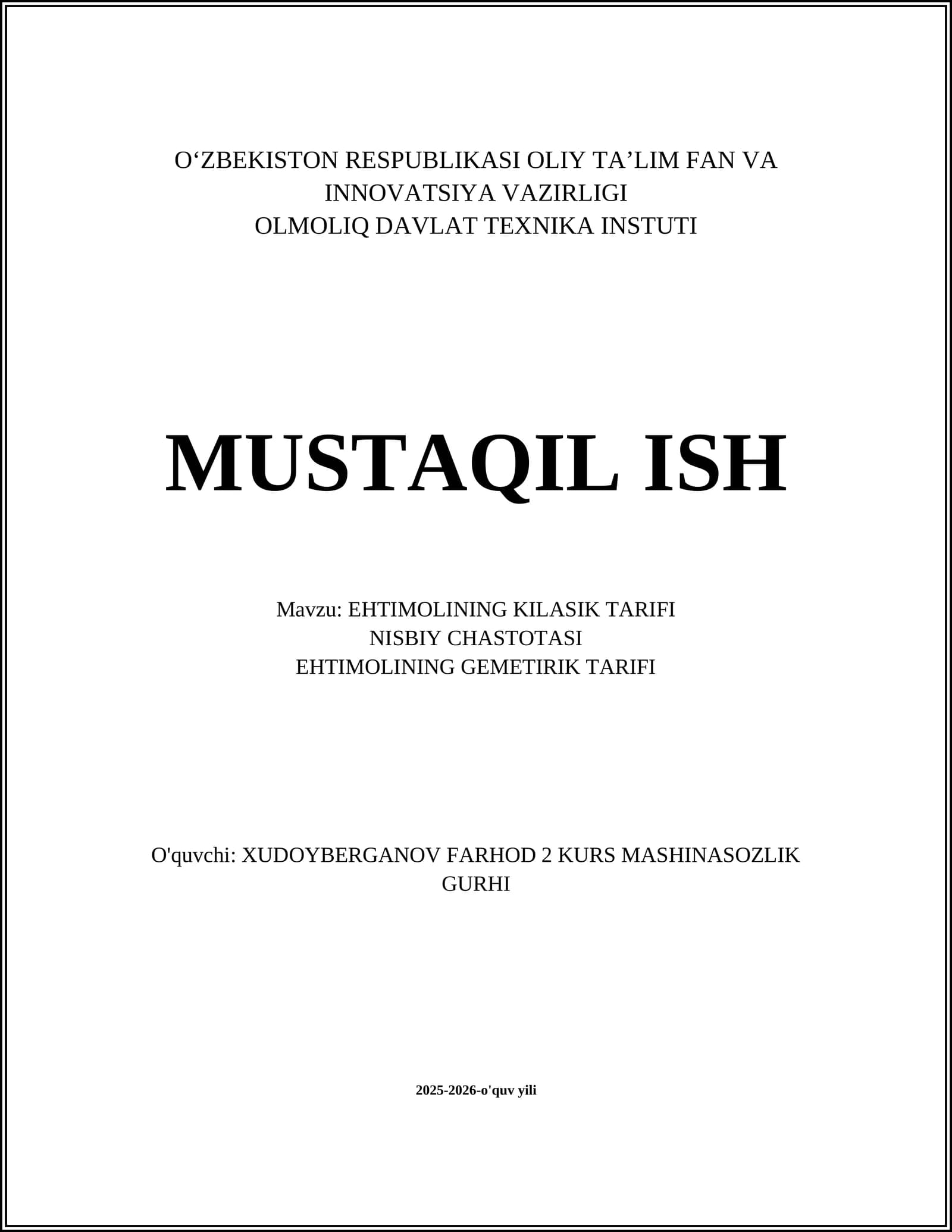 EHTIMOLINING KILASIK TARIFI