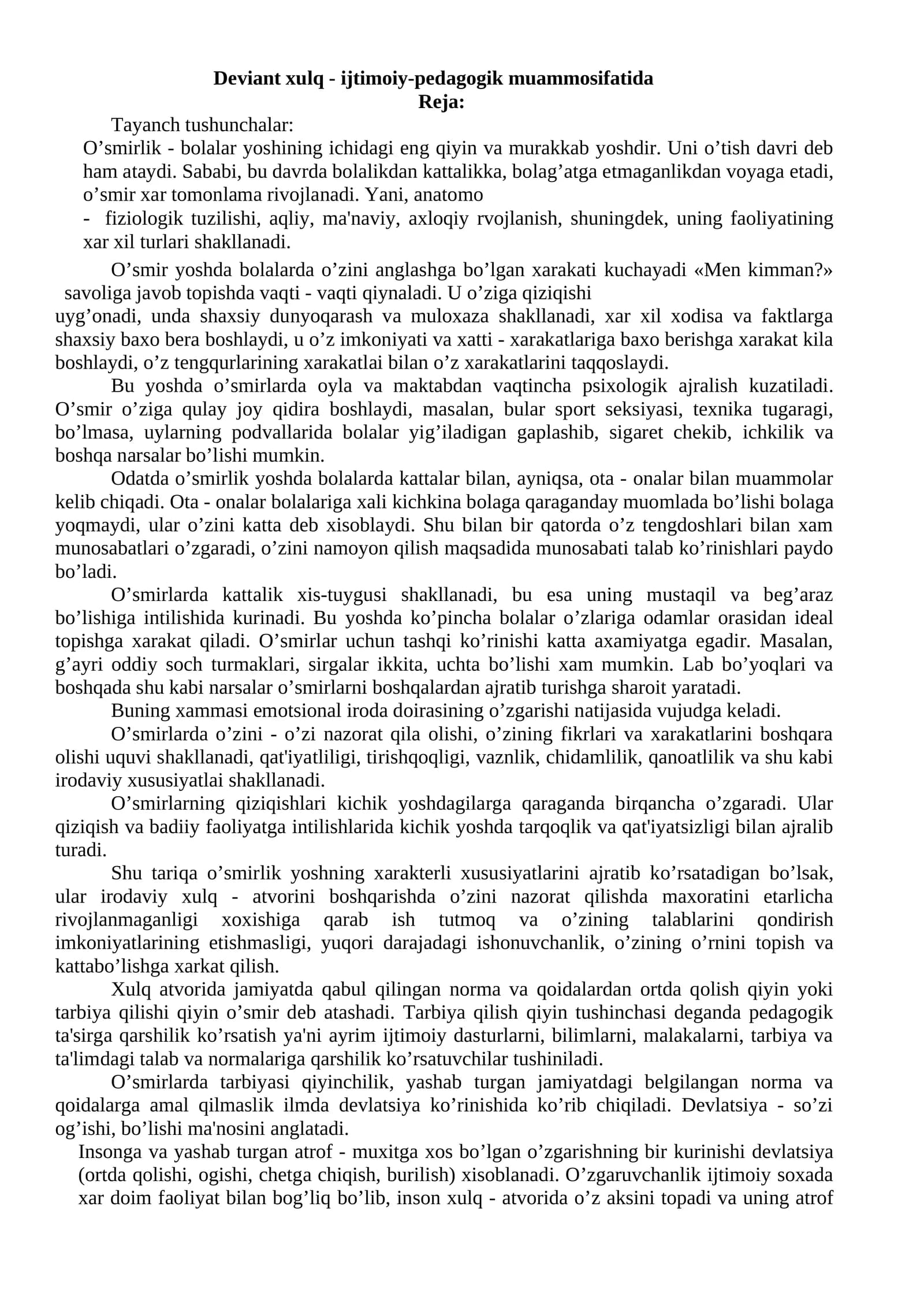 Deviant xulq - ijtimoiy-pedagogik muammosifatida