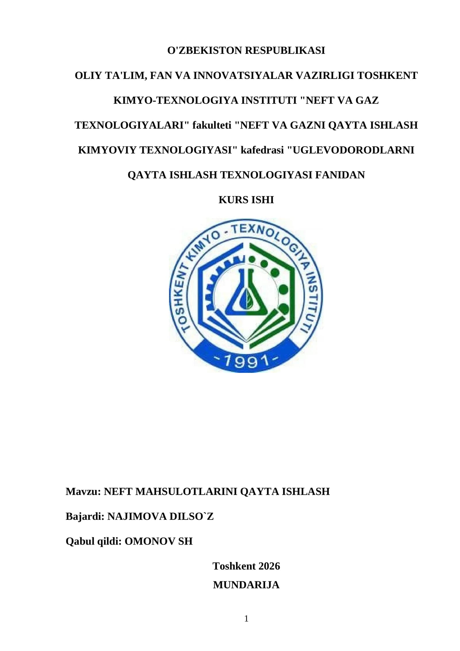 NEFT MAHSULOTLARINI QAYTA ISHLASH