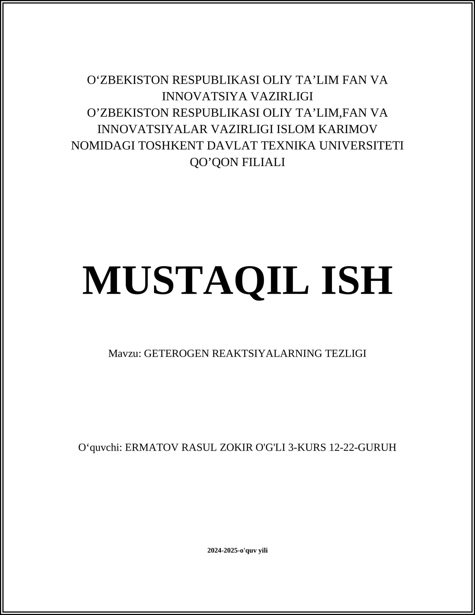 GETEROGEN REAKTSIYALARNING TEZLIGI