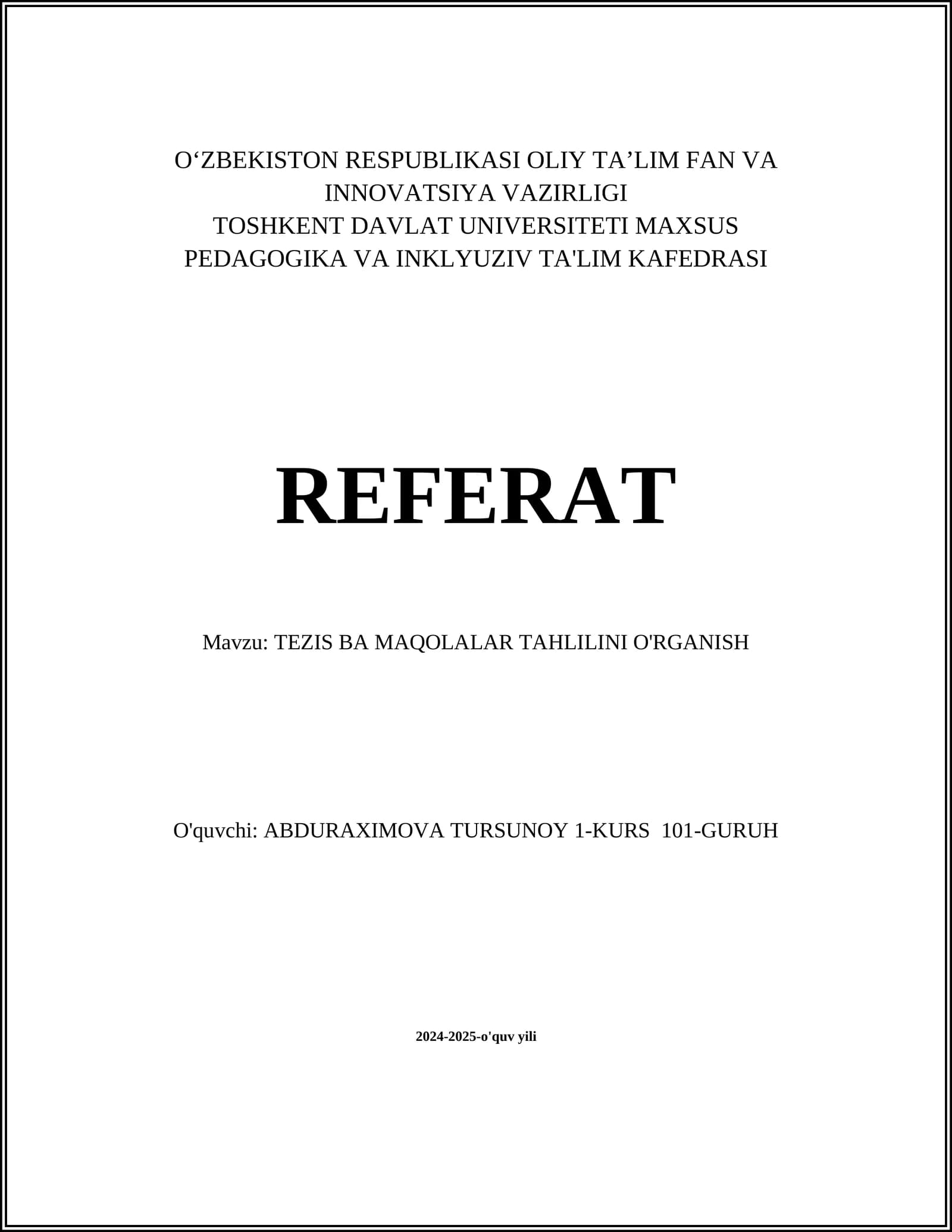 TEZIS BA MAQOLALAR TAHLILINI O'RGANISH